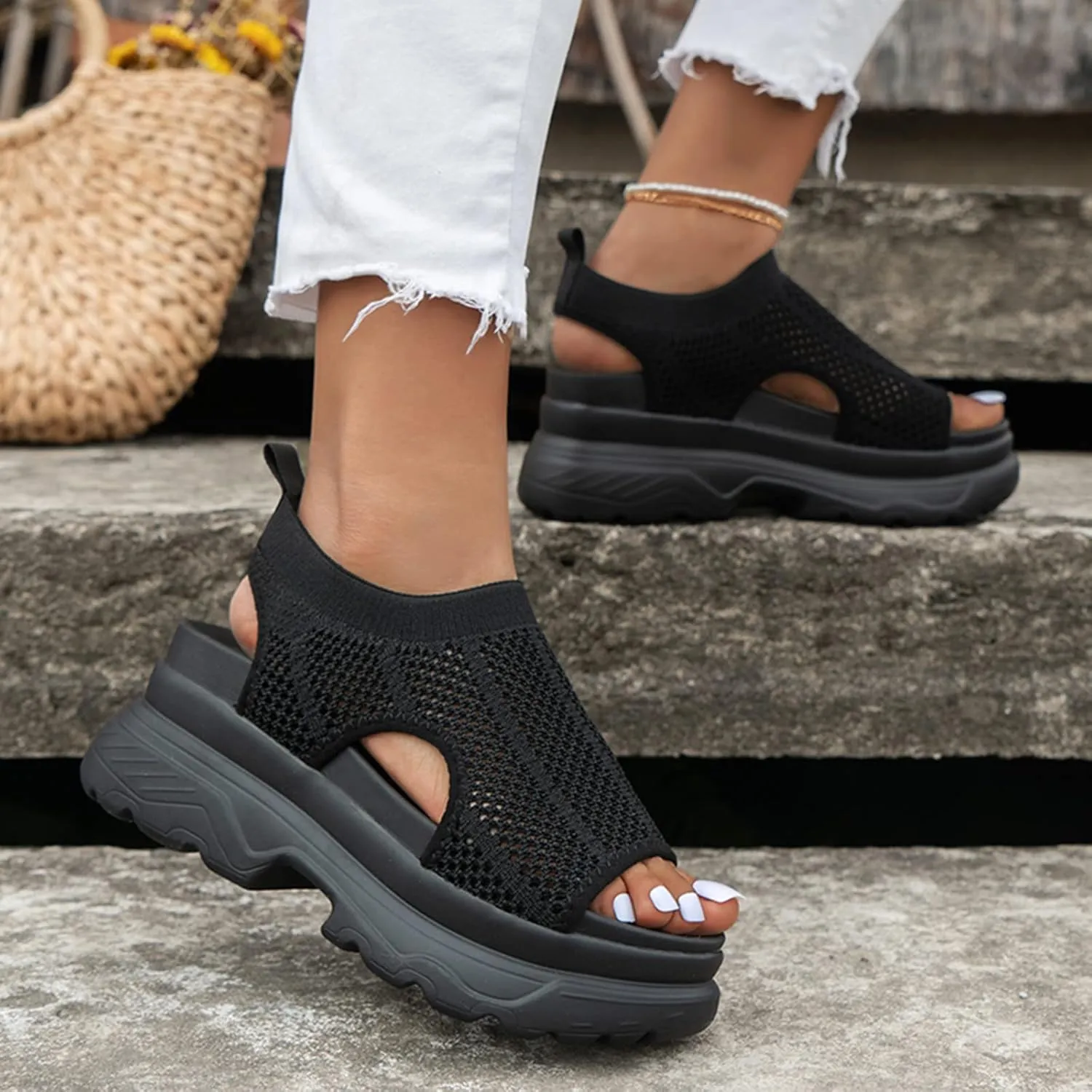 Hbeylia Womens Platform Sandals Comfort Knitted Mesh Cut Out Strap Open-Toe Chunky Block High Heel Fashion Strappy Punk Goth Slip On Walking Sandals Summer Black Sandals