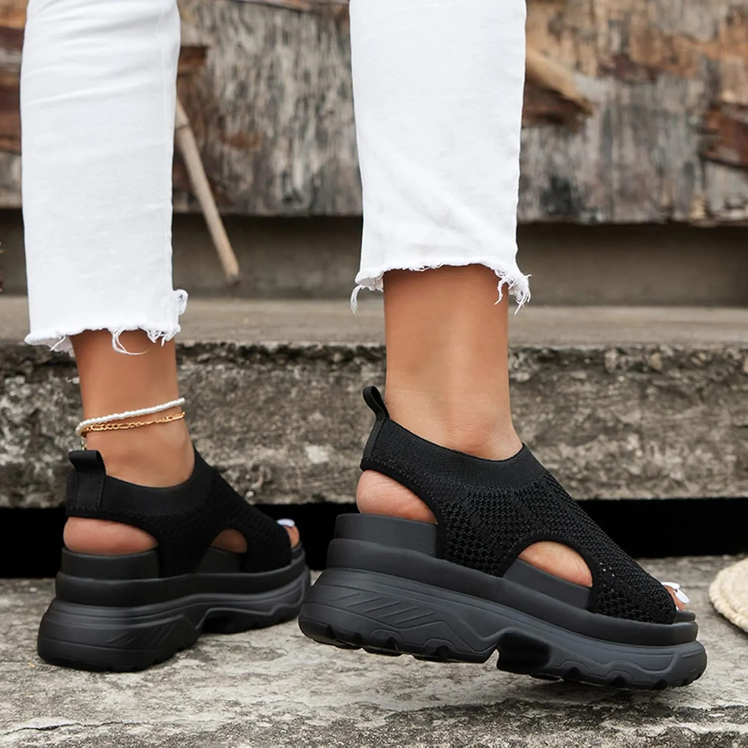 Hbeylia Womens Platform Sandals Comfort Knitted Mesh Cut Out Strap Open-Toe Chunky Block High Heel Fashion Strappy Punk Goth Slip On Walking Sandals Summer Black Sandals