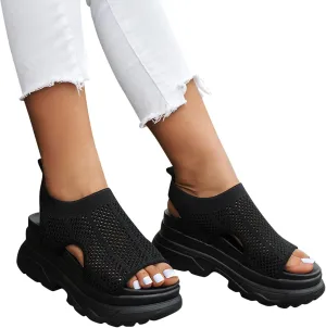 Hbeylia Womens Platform Sandals Comfort Knitted Mesh Cut Out Strap Open-Toe Chunky Block High Heel Fashion Strappy Punk Goth Slip On Walking Sandals Summer Black Sandals