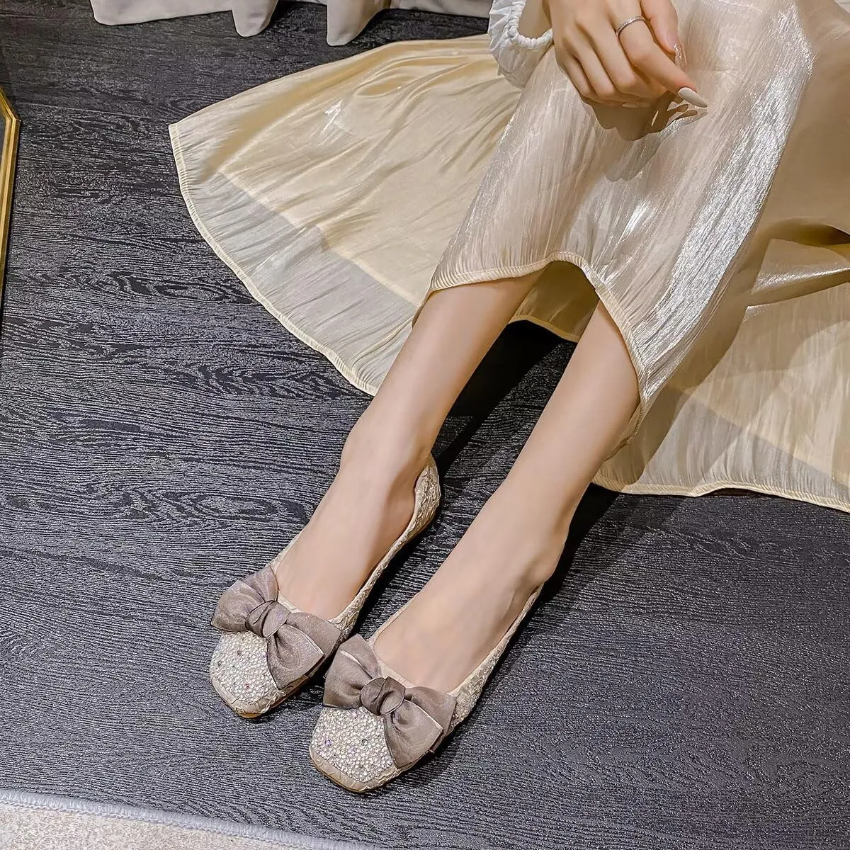 Hee grand Women Crystals Bowknot Ballet Flats Square Toe Slip On Flat Shoes Fashion Rhinestones Dress Shoes