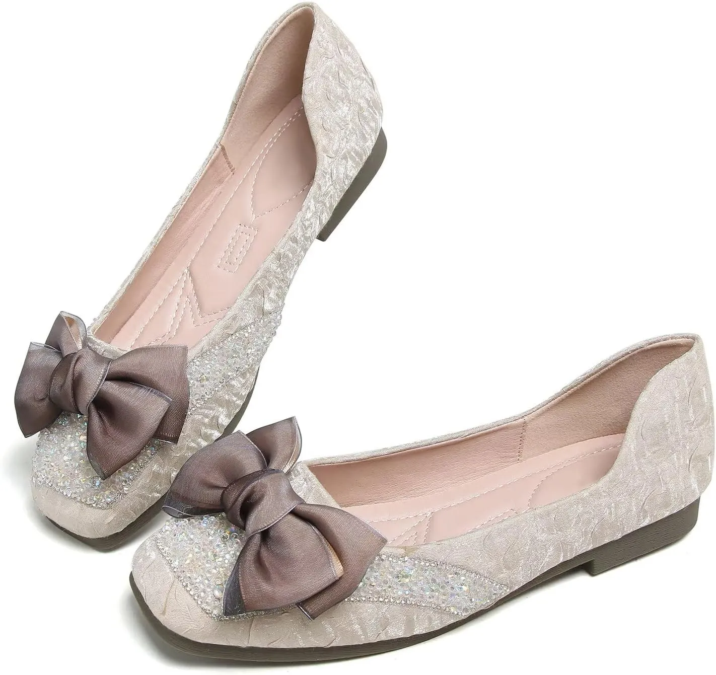 Hee grand Women Crystals Bowknot Ballet Flats Square Toe Slip On Flat Shoes Fashion Rhinestones Dress Shoes