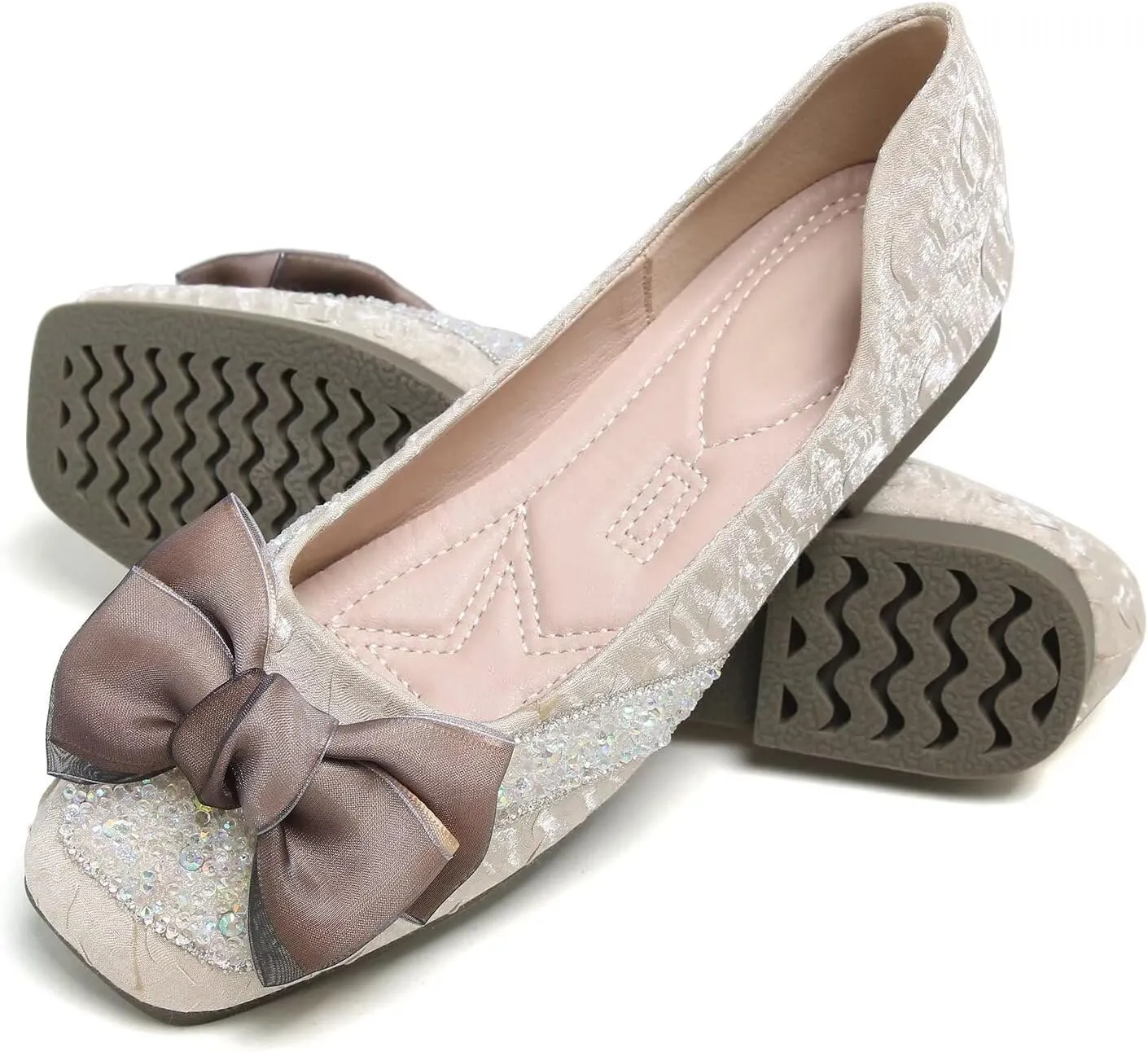 Hee grand Women Crystals Bowknot Ballet Flats Square Toe Slip On Flat Shoes Fashion Rhinestones Dress Shoes