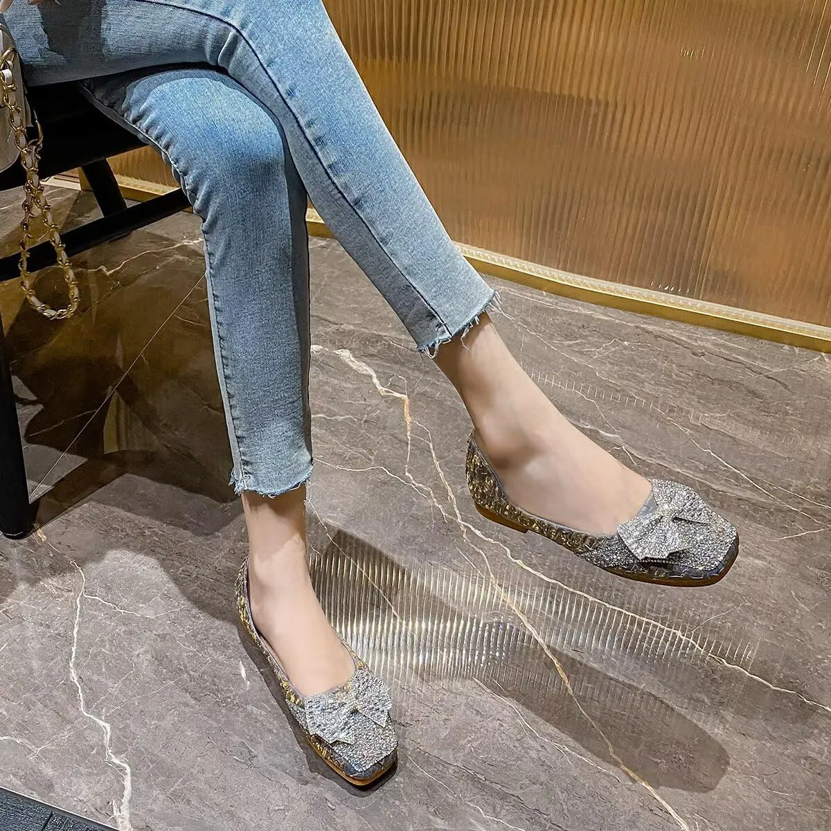 Hee grand Women Crystals Bowknot Ballet Flats Square Toe Slip On Flat Shoes Fashion Rhinestones Dress Shoes