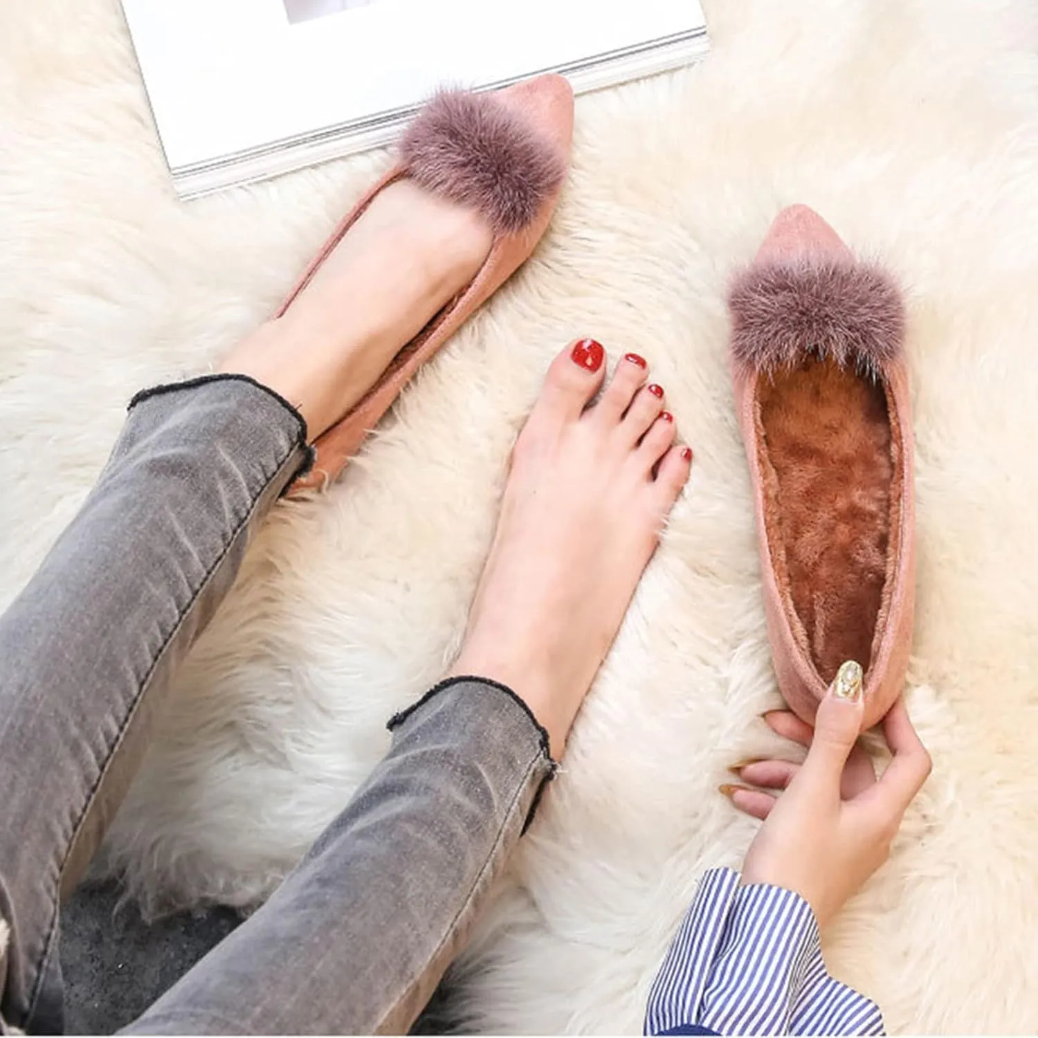 Hee grand Women's Cute Pom Pom Casual Flats Pointed Toe Slip On Ballet Flats Light Weight Loafers Faux Suede Dress Shoes