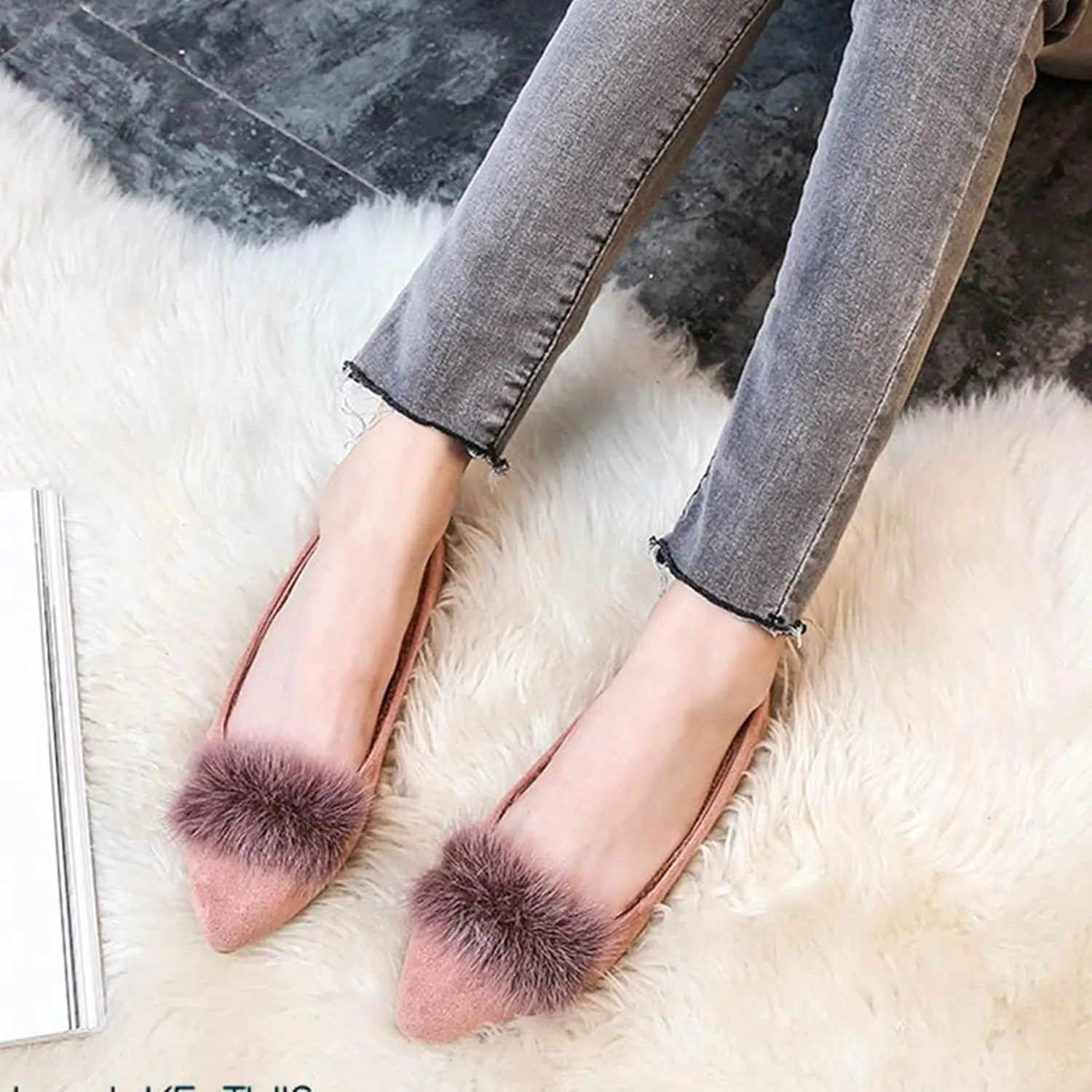 Hee grand Women's Cute Pom Pom Casual Flats Pointed Toe Slip On Ballet Flats Light Weight Loafers Faux Suede Dress Shoes