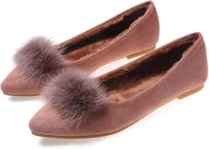 Hee grand Women's Cute Pom Pom Casual Flats Pointed Toe Slip On Ballet Flats Light Weight Loafers Faux Suede Dress Shoes