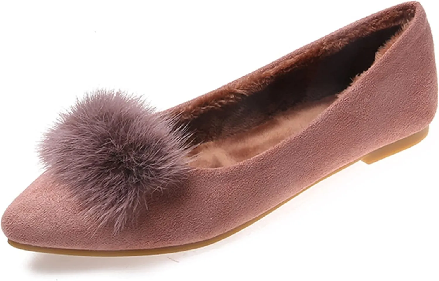 Hee grand Women's Cute Pom Pom Casual Flats Pointed Toe Slip On Ballet Flats Light Weight Loafers Faux Suede Dress Shoes