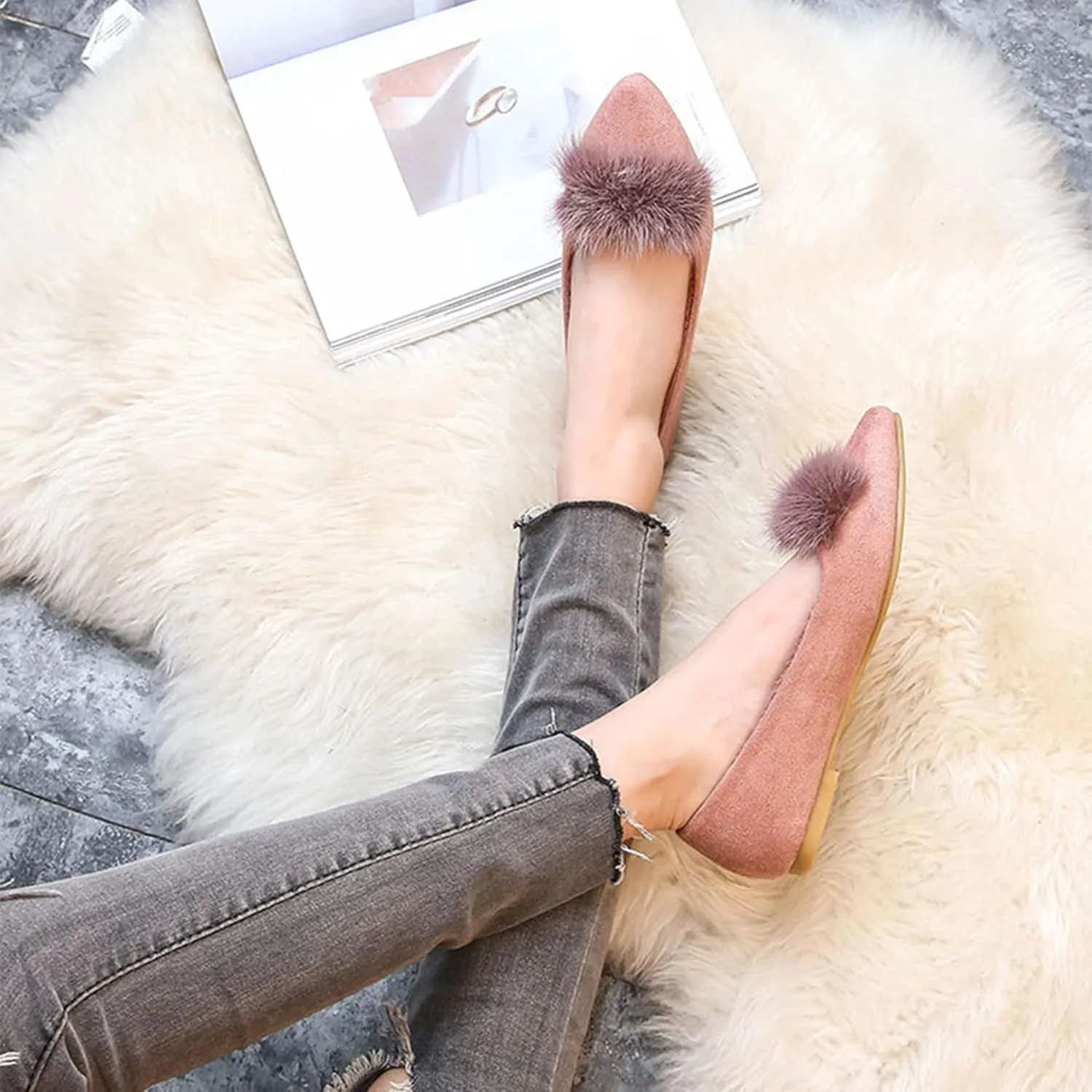 Hee grand Women's Cute Pom Pom Casual Flats Pointed Toe Slip On Ballet Flats Light Weight Loafers Faux Suede Dress Shoes