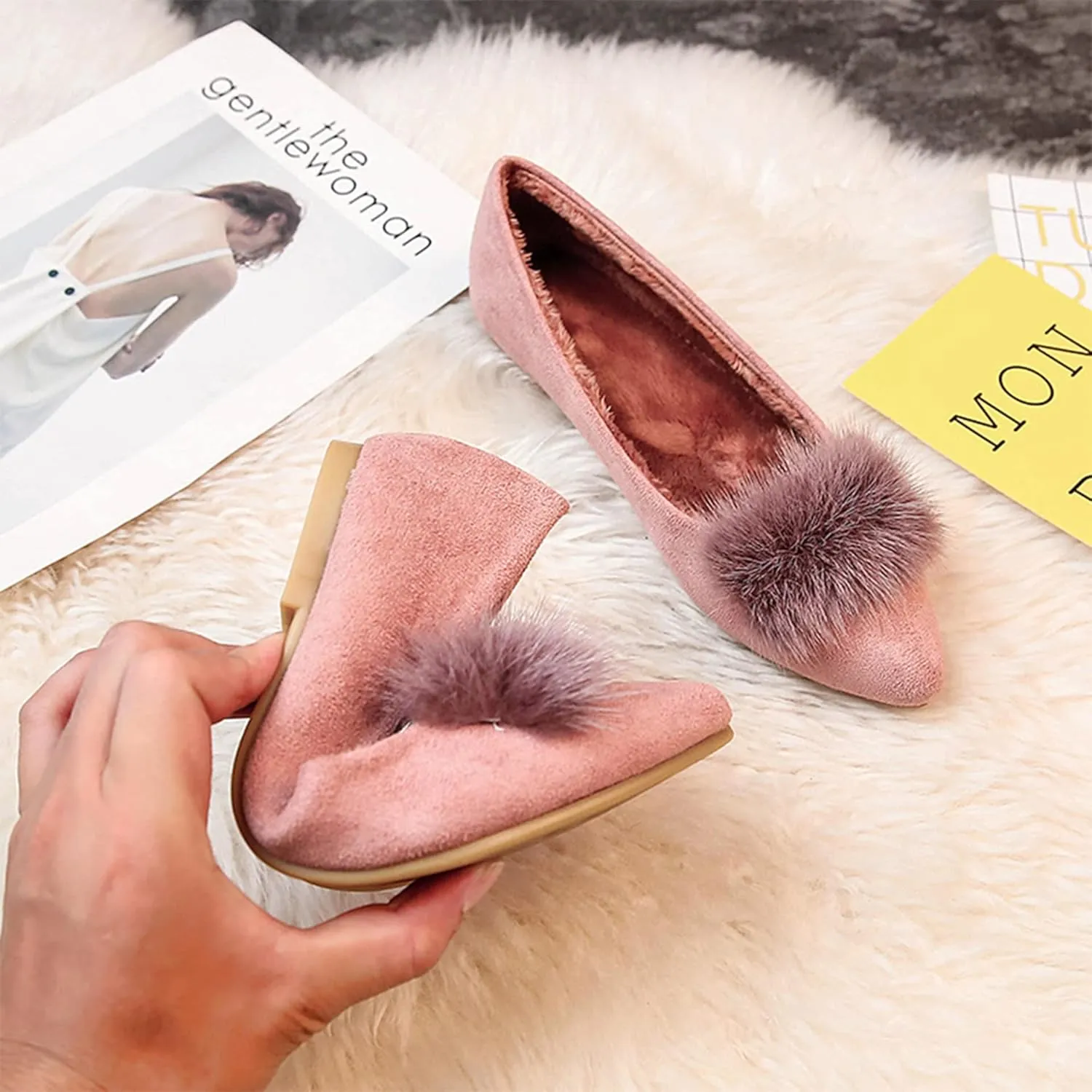 Hee grand Women's Cute Pom Pom Casual Flats Pointed Toe Slip On Ballet Flats Light Weight Loafers Faux Suede Dress Shoes