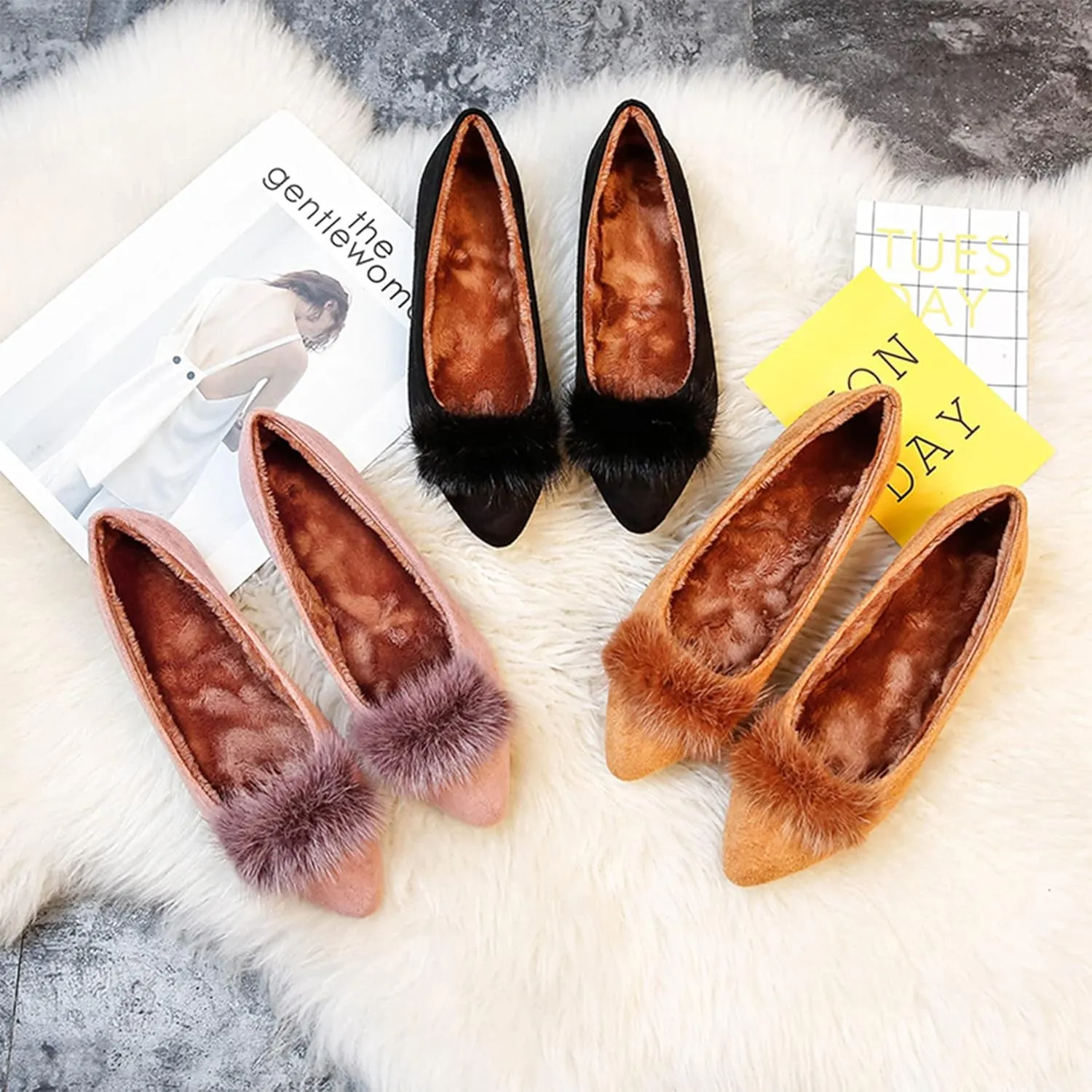 Hee grand Women's Cute Pom Pom Casual Flats Pointed Toe Slip On Ballet Flats Light Weight Loafers Faux Suede Dress Shoes