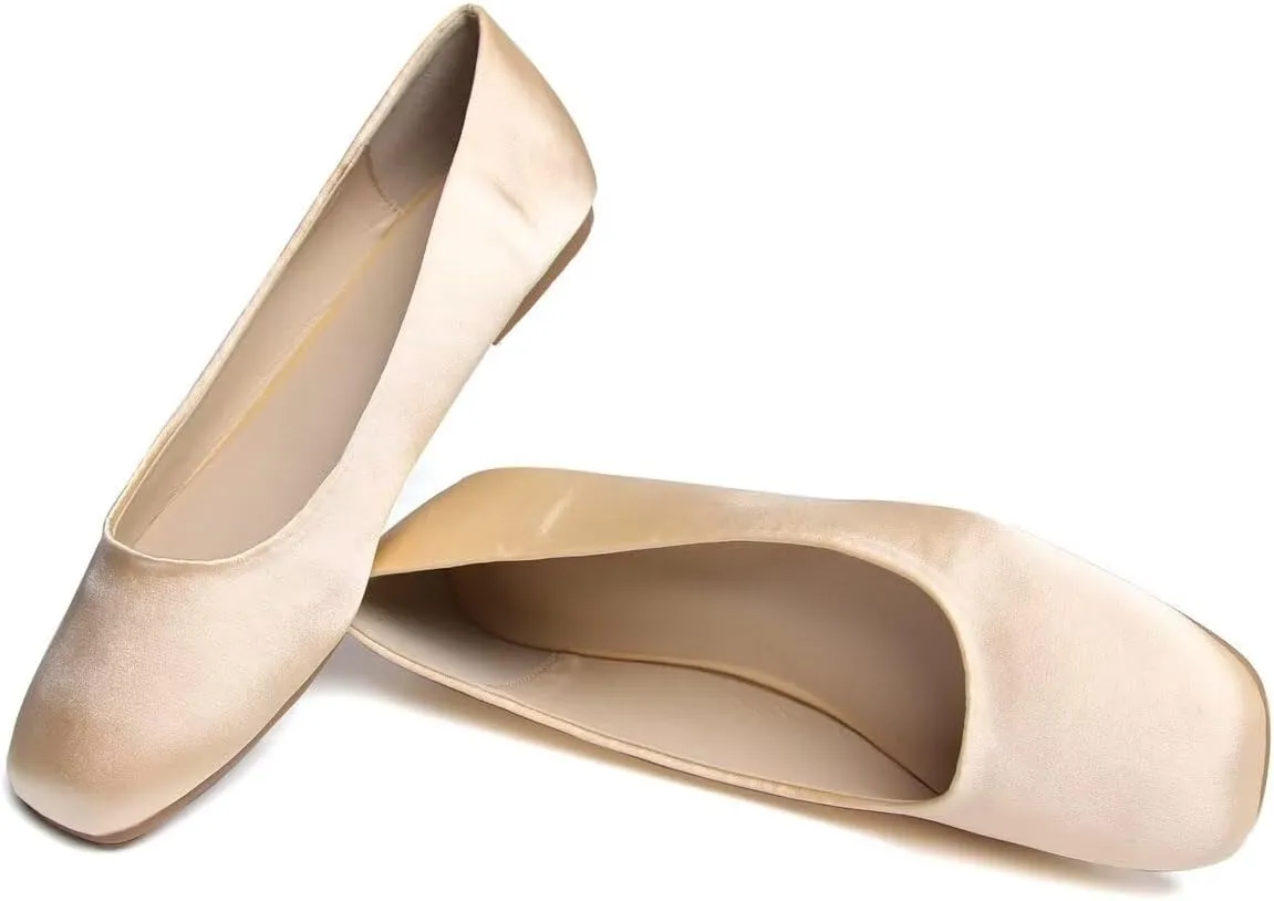 Hee grand Women's Flats Square Toe Ballet Shoes Casual Flats Satin Dress Shoes Comfort Slip-On Loafers