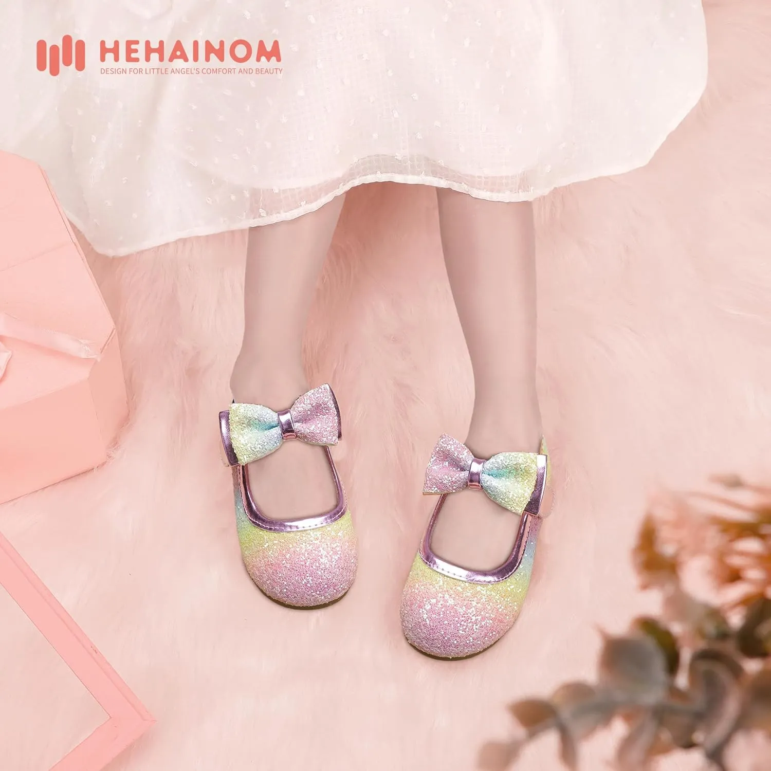 Hehainom Toddler Flower Girls Dress Shoes, Mary Jane Princess Ballet Flats with Bow and Peals for Party School