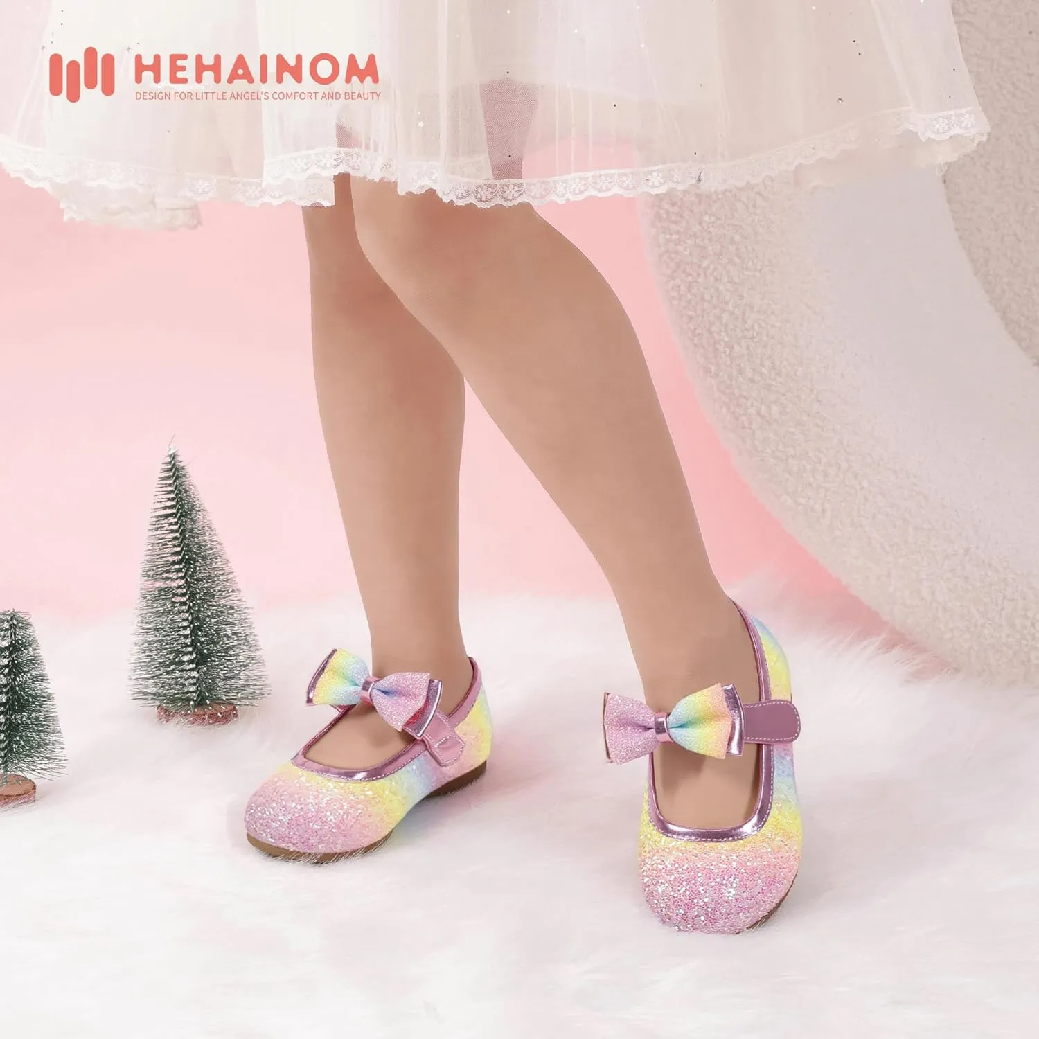 Hehainom Toddler Flower Girls Dress Shoes, Mary Jane Princess Ballet Flats with Bow and Peals for Party School