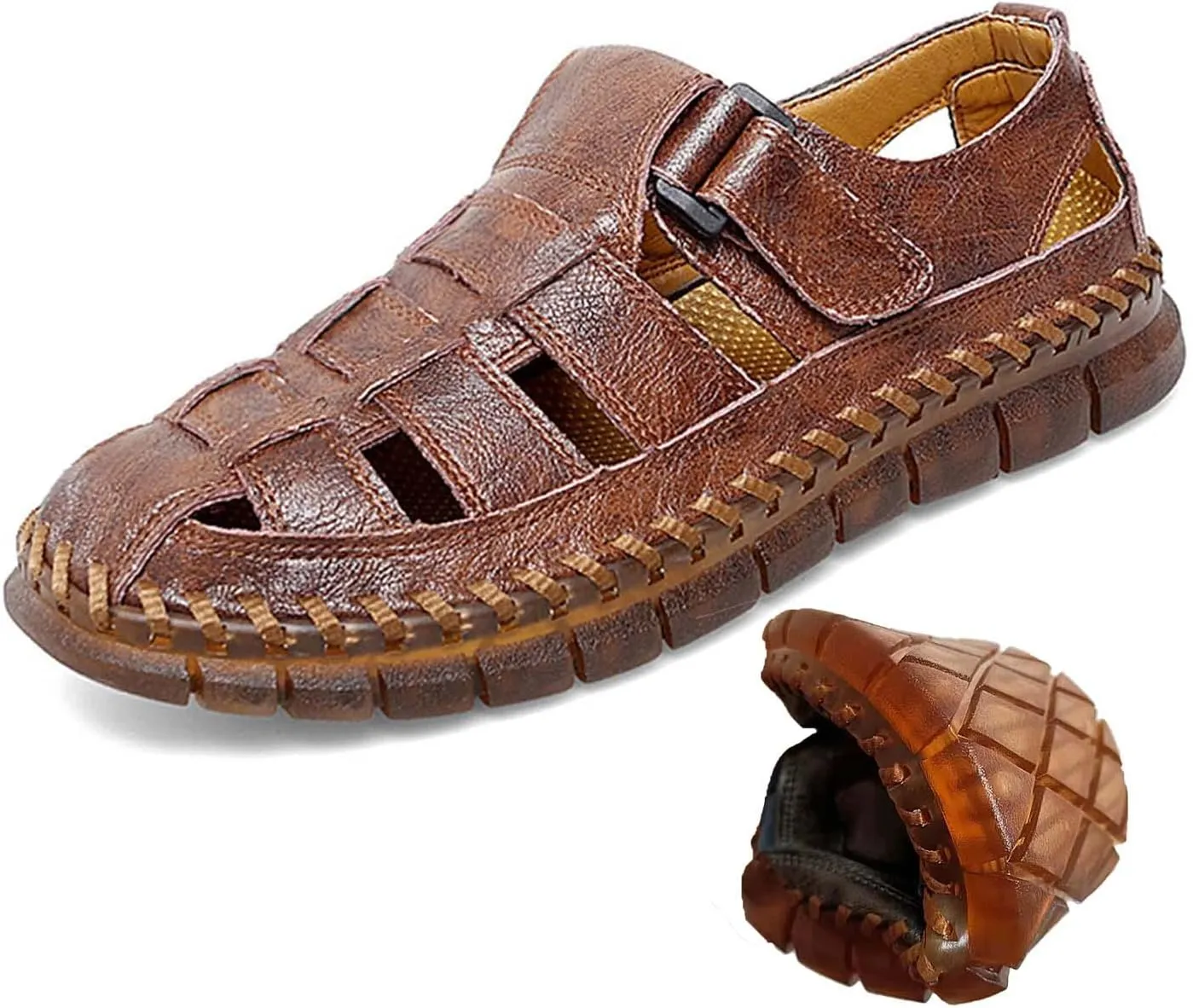 HESBITEUL Men's Sport Sandals Outdoor Hiking Sandals Closed Toe Leather Athletic Lightweight Trail Walking Casual Sandals Water Arch Support & Non-slipping Outsole