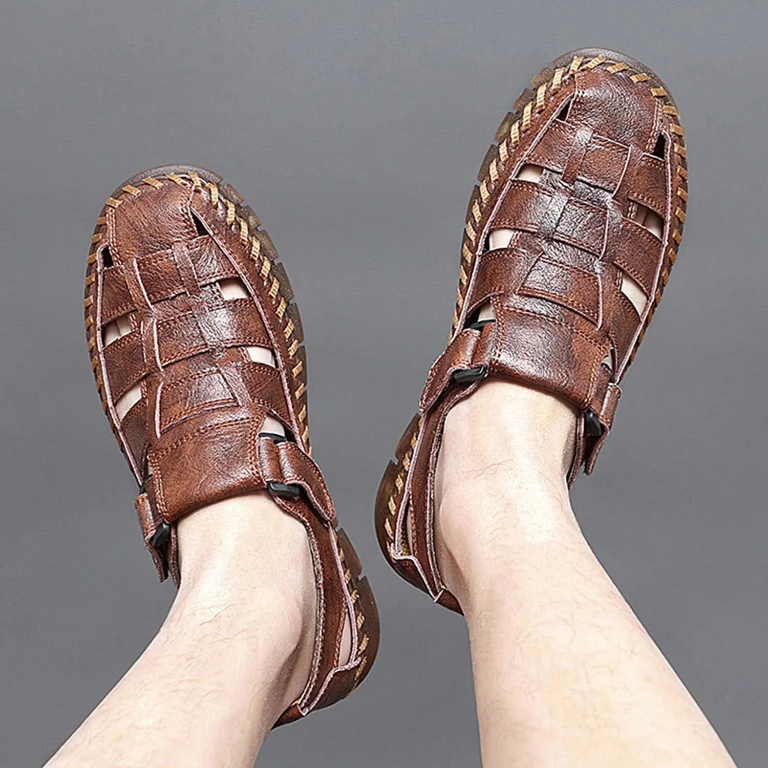 HESBITEUL Men's Sport Sandals Outdoor Hiking Sandals Closed Toe Leather Athletic Lightweight Trail Walking Casual Sandals Water Arch Support & Non-slipping Outsole