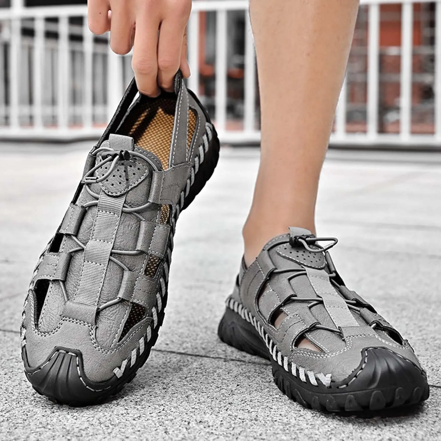 HESBITEUL Men's Sport Sandals Outdoor Hiking Sandals Closed Toe Leather Athletic Lightweight Trail Walking Casual Sandals Water Arch Support & Non-slipping Outsole
