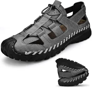 HESBITEUL Men's Sport Sandals Outdoor Hiking Sandals Closed Toe Leather Athletic Lightweight Trail Walking Casual Sandals Water Arch Support & Non-slipping Outsole