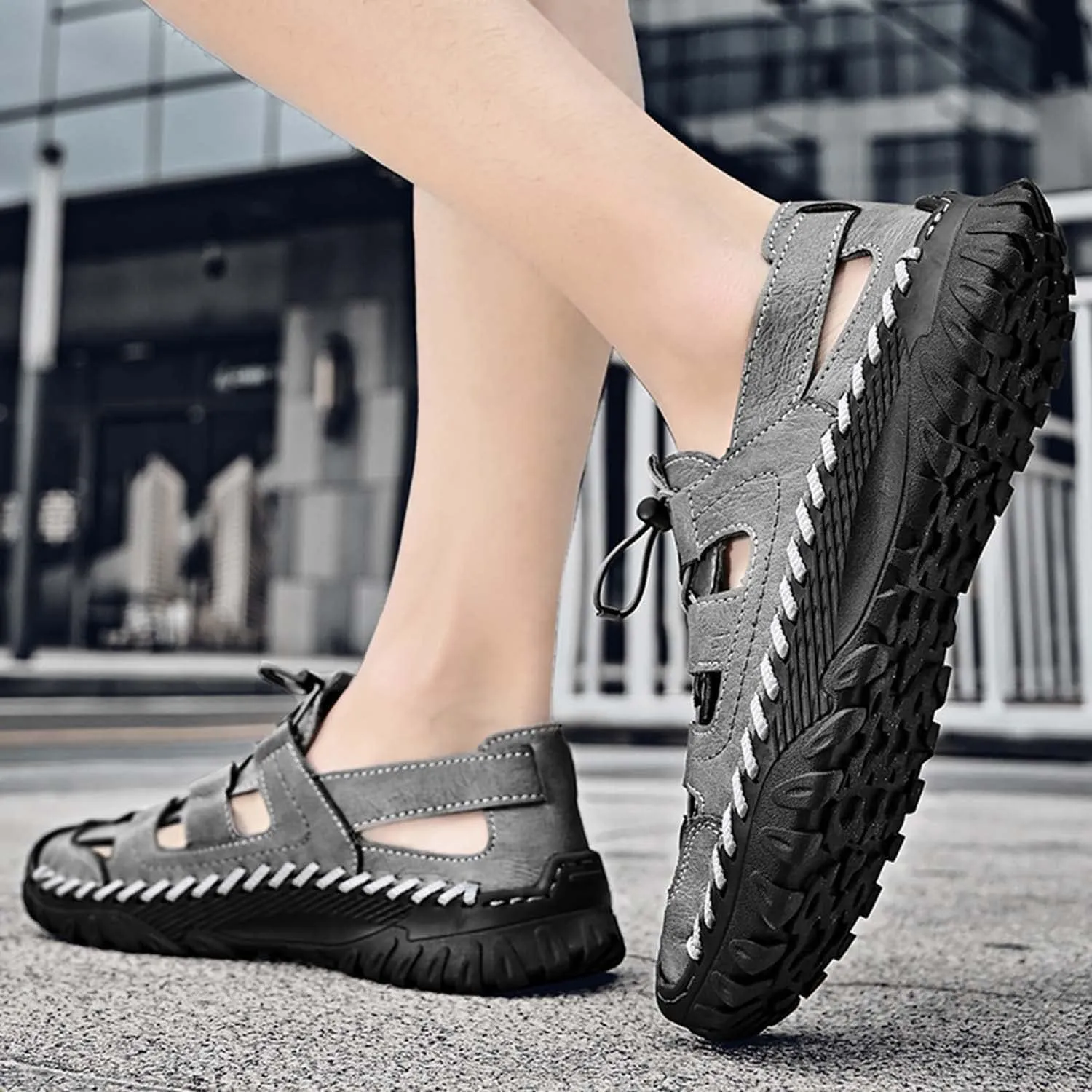 HESBITEUL Men's Sport Sandals Outdoor Hiking Sandals Closed Toe Leather Athletic Lightweight Trail Walking Casual Sandals Water Arch Support & Non-slipping Outsole