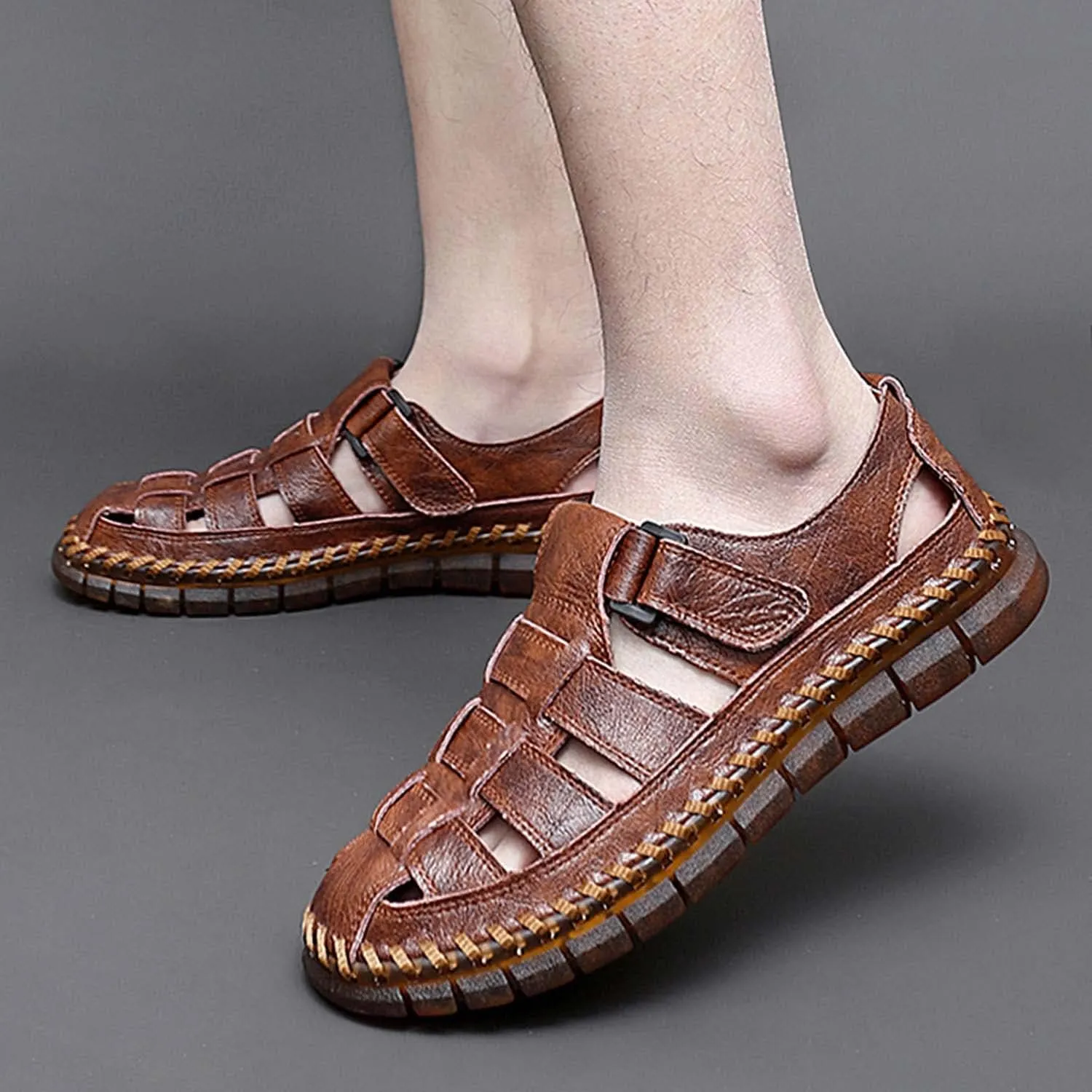 HESBITEUL Men's Sport Sandals Outdoor Hiking Sandals Closed Toe Leather Athletic Lightweight Trail Walking Casual Sandals Water Arch Support & Non-slipping Outsole