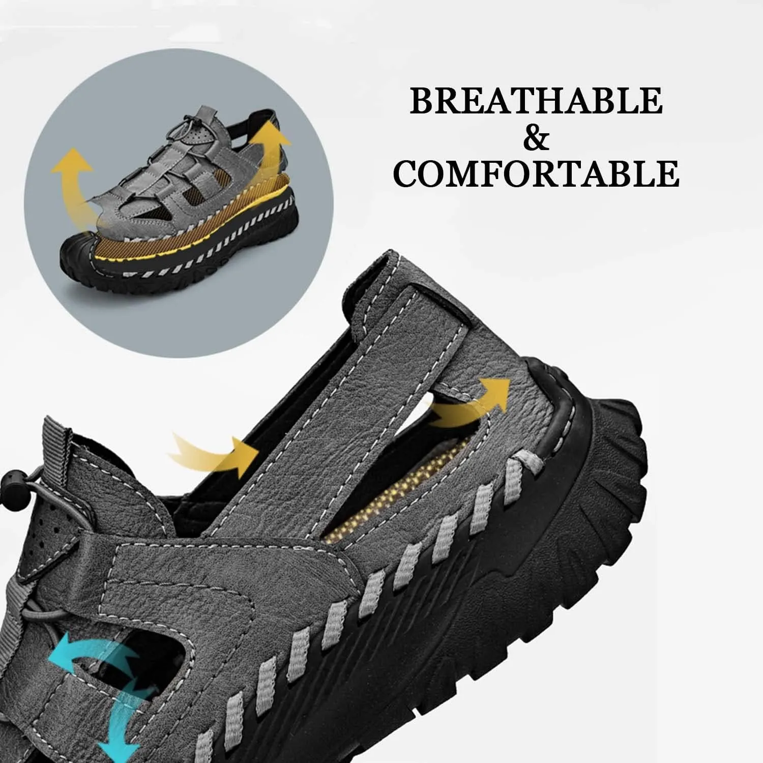 HESBITEUL Men's Sport Sandals Outdoor Hiking Sandals Closed Toe Leather Athletic Lightweight Trail Walking Casual Sandals Water Arch Support & Non-slipping Outsole
