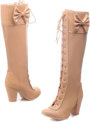 HILIB Women's Lace-Up Strappy Knee High Bowtie Elegants Boots Combat Stacked Heel Boot