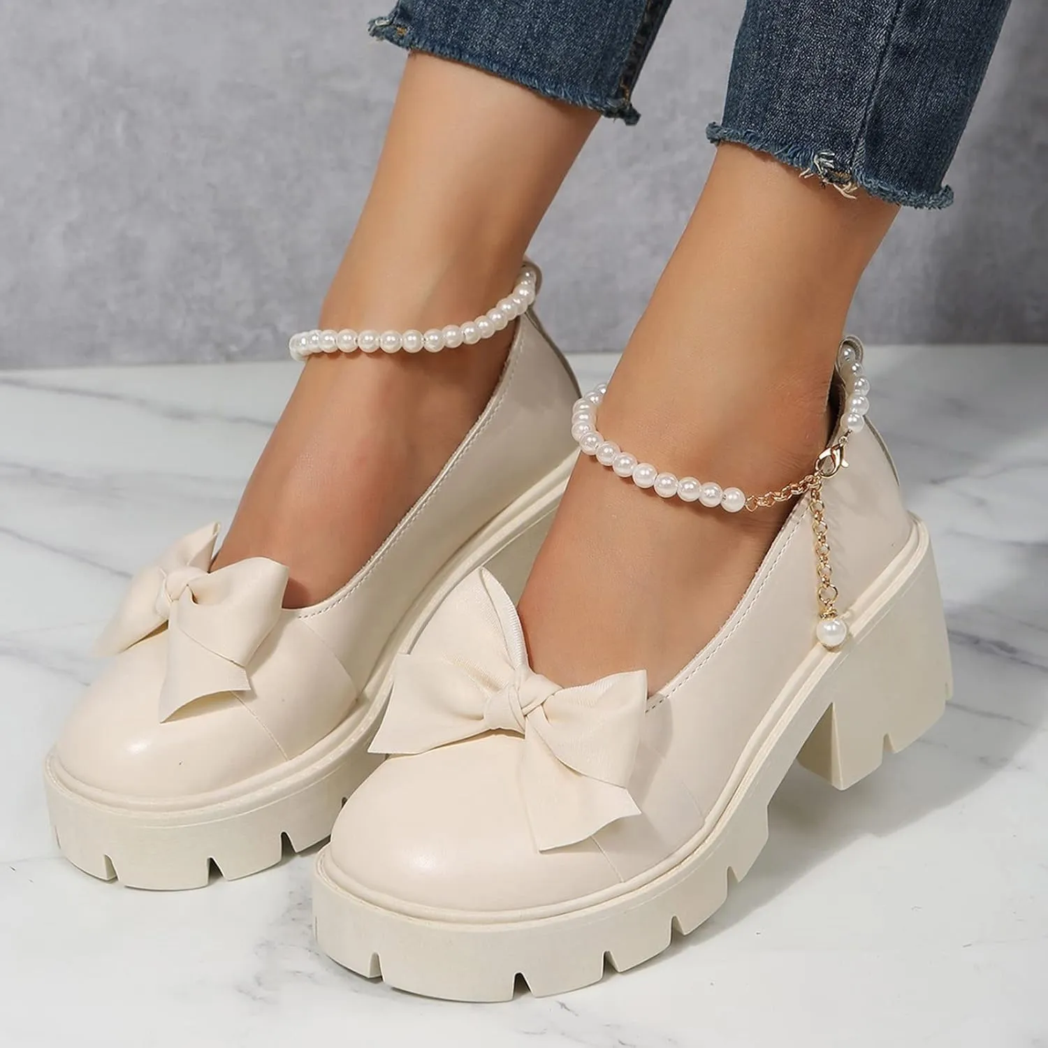 HINDOLA Platform Loafers for Women Bowknot Pearl Buckle Mary Jane Shoes Fashion Casual British Style Chunky Heel Loafers
