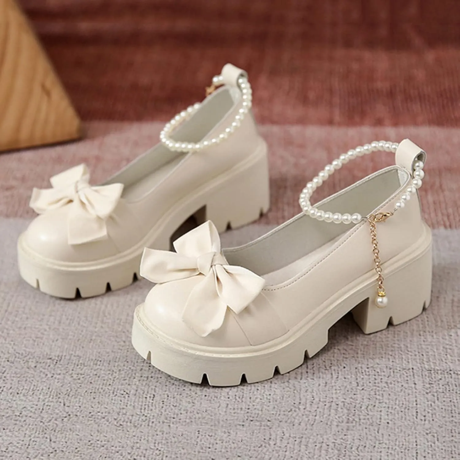 HINDOLA Platform Loafers for Women Bowknot Pearl Buckle Mary Jane Shoes Fashion Casual British Style Chunky Heel Loafers