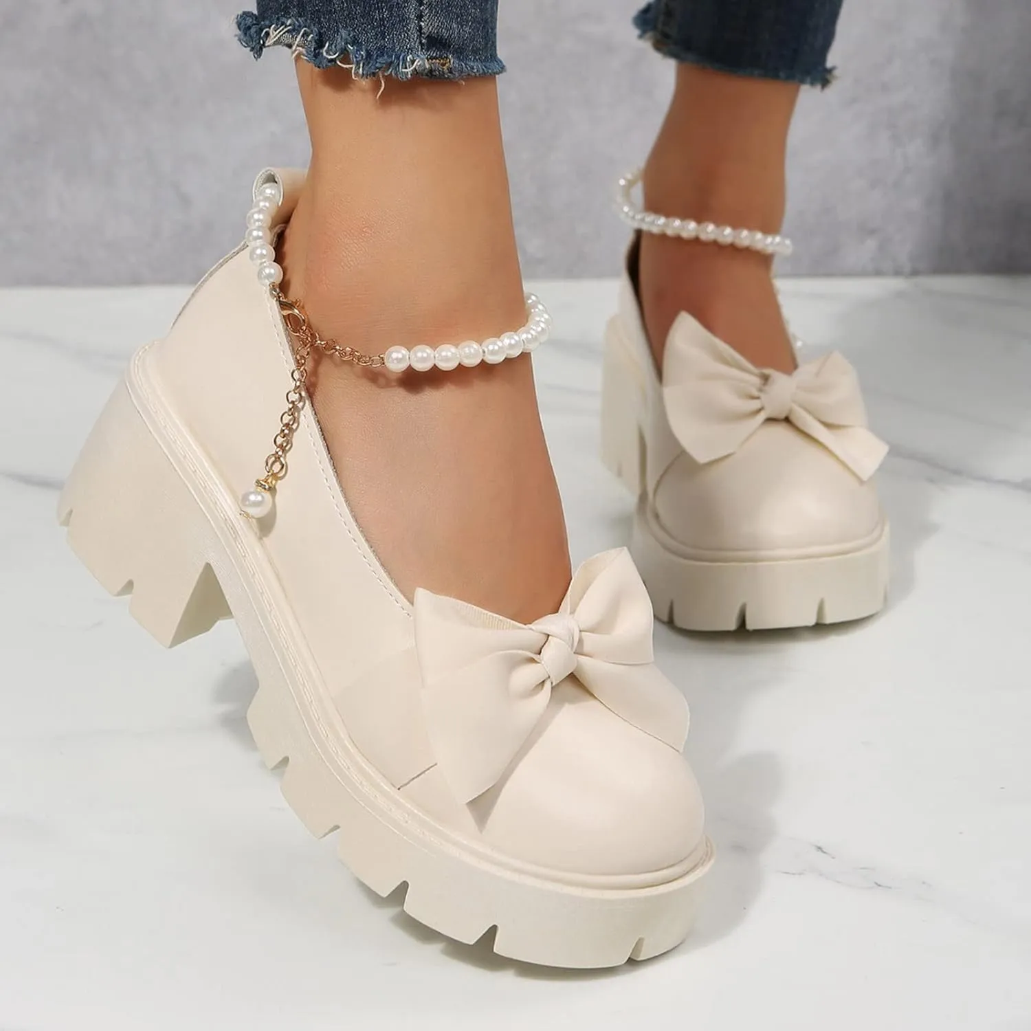 HINDOLA Platform Loafers for Women Bowknot Pearl Buckle Mary Jane Shoes Fashion Casual British Style Chunky Heel Loafers