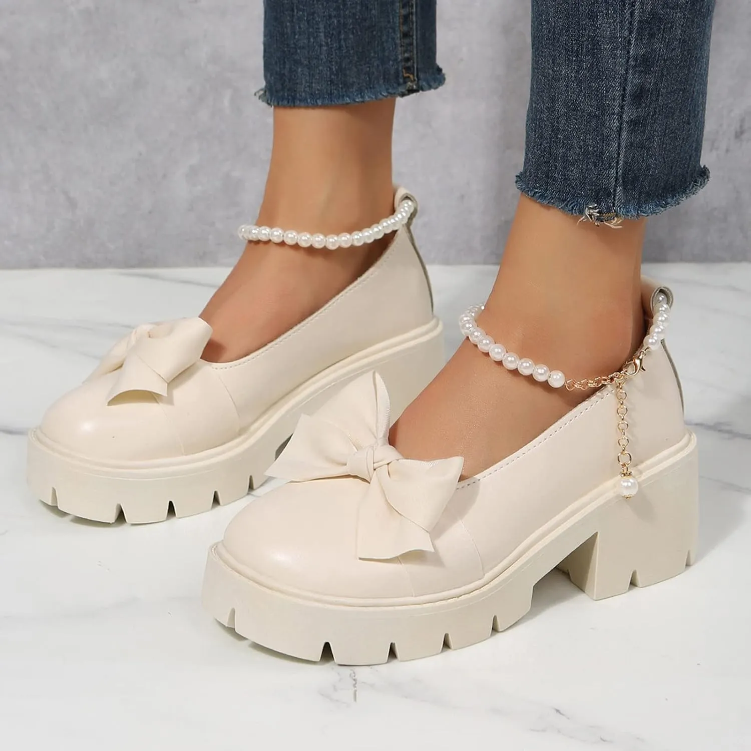 HINDOLA Platform Loafers for Women Bowknot Pearl Buckle Mary Jane Shoes Fashion Casual British Style Chunky Heel Loafers