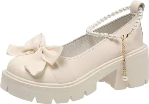 HINDOLA Platform Loafers for Women Bowknot Pearl Buckle Mary Jane Shoes Fashion Casual British Style Chunky Heel Loafers
