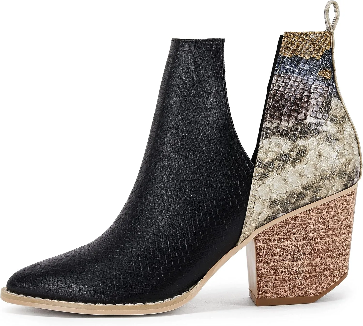 Huiyuzhi Womens Ankle Boots Slip on Cutout Pointed Toe Snakeskin Chunky Stacked Mid Heel Bootie