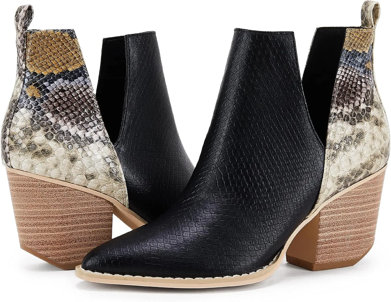 Huiyuzhi Womens Ankle Boots Slip on Cutout Pointed Toe Snakeskin Chunky Stacked Mid Heel Bootie