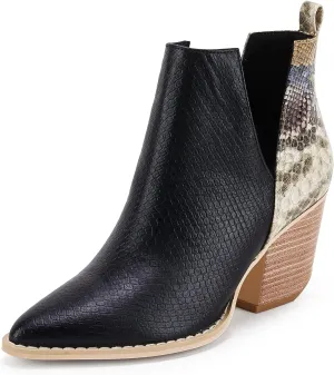 Huiyuzhi Womens Ankle Boots Slip on Cutout Pointed Toe Snakeskin Chunky Stacked Mid Heel Bootie