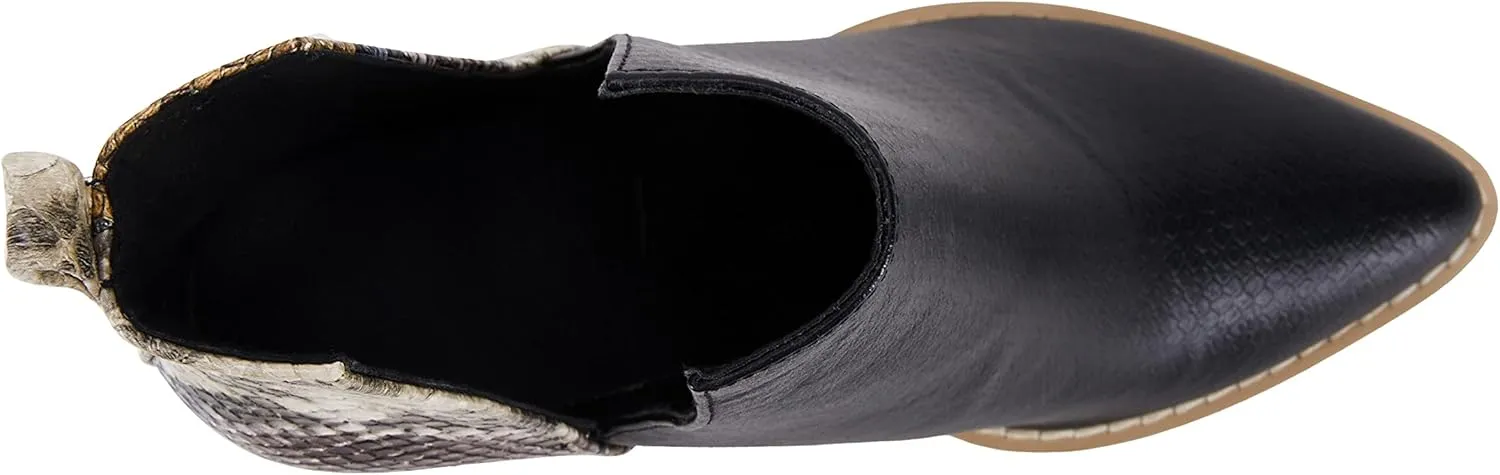 Huiyuzhi Womens Ankle Boots Slip on Cutout Pointed Toe Snakeskin Chunky Stacked Mid Heel Bootie