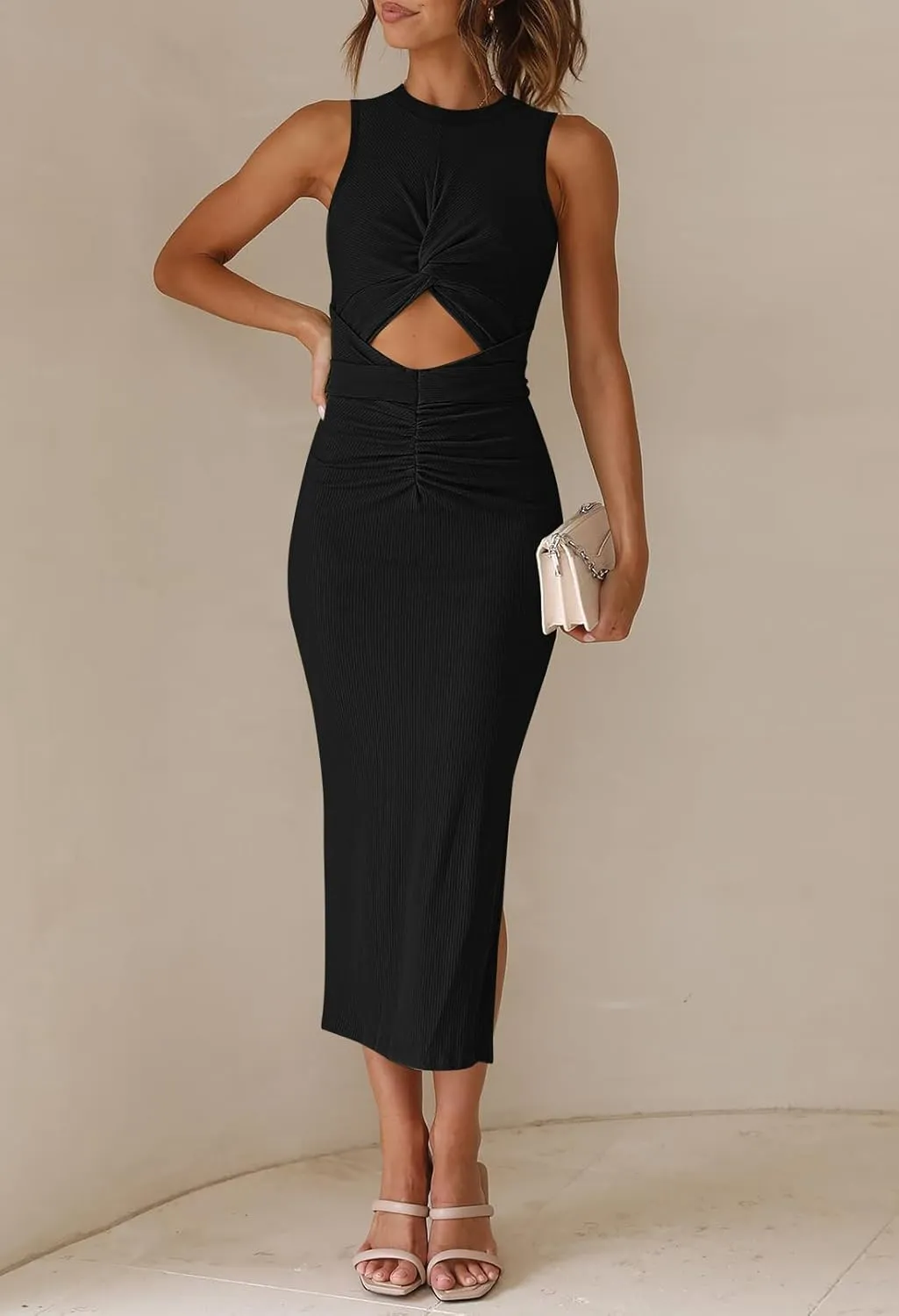 HUUSA Women's Sexy Sleeveless Cut Out Slim Bodycon Dress Crewneck Crisscross Twist Ruched Slit Ribbed Knit Tank Midi Dress