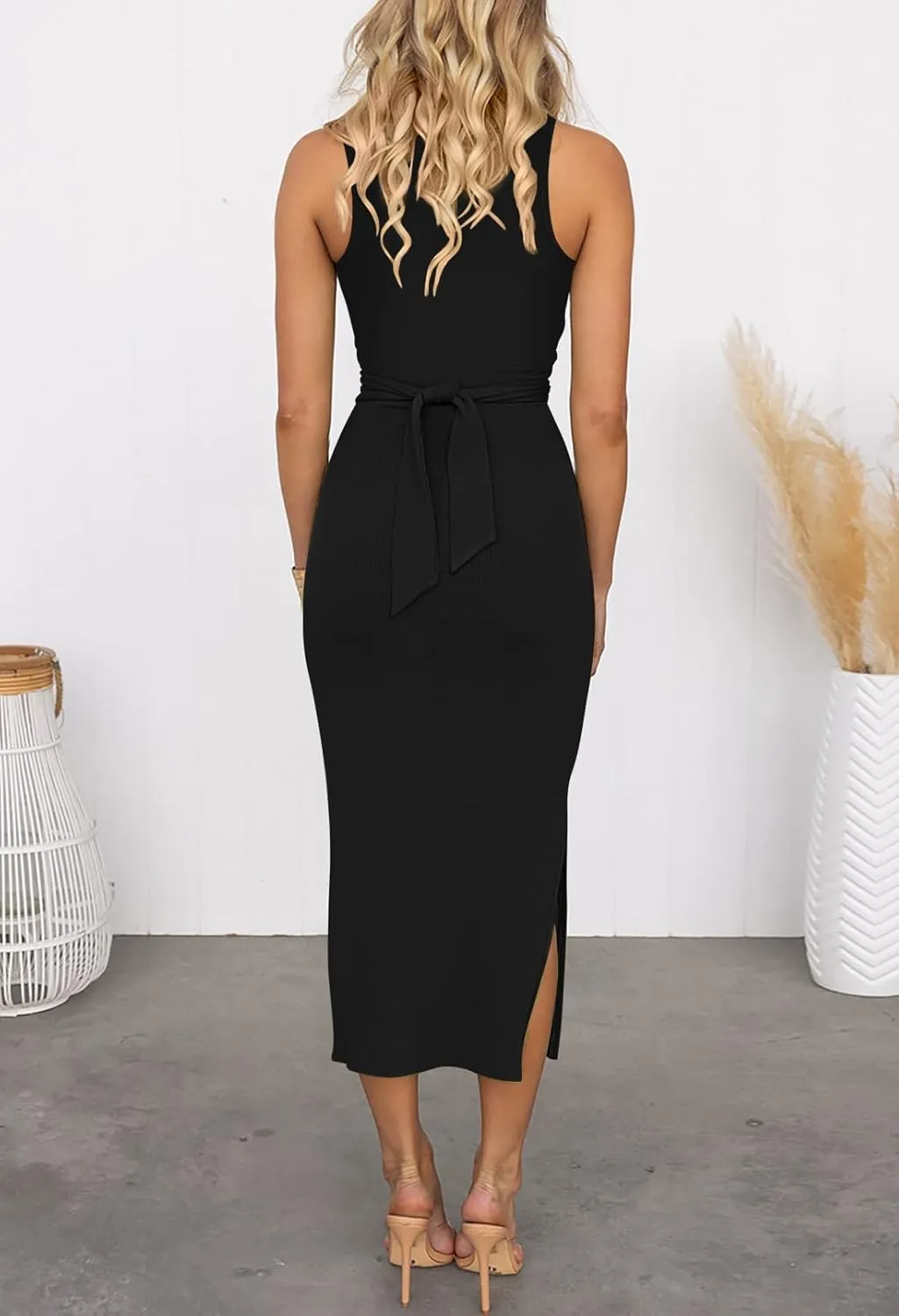 HUUSA Women's Sexy Sleeveless Cut Out Slim Bodycon Dress Crewneck Crisscross Twist Ruched Slit Ribbed Knit Tank Midi Dress