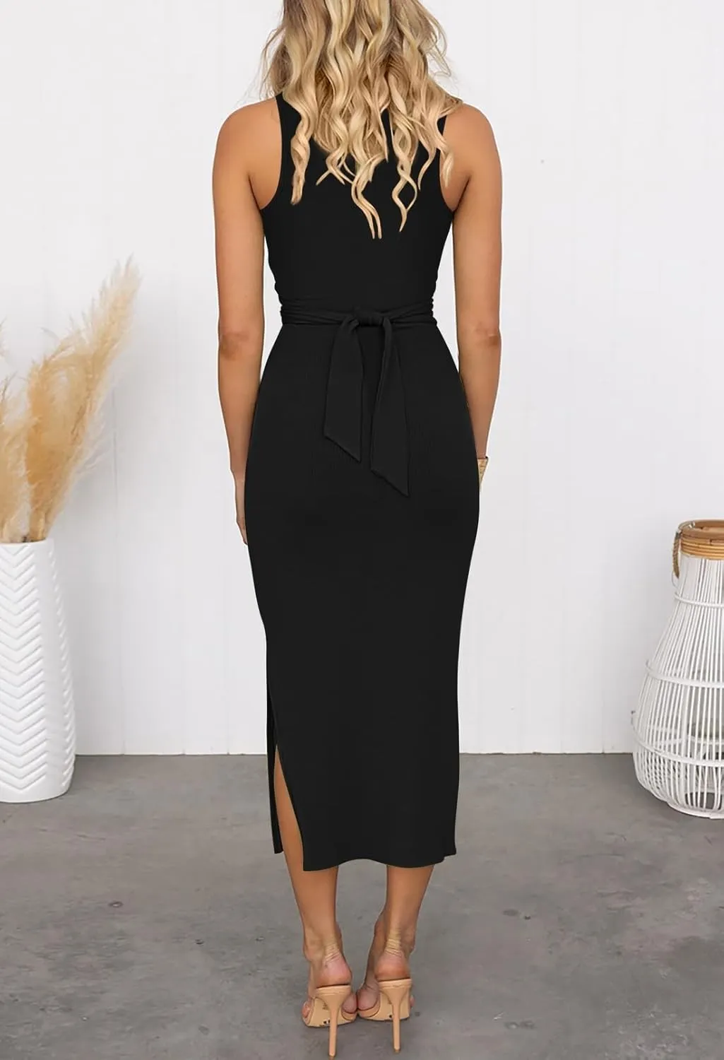 HUUSA Women's Sexy Sleeveless Cut Out Slim Bodycon Dress Crewneck Crisscross Twist Ruched Slit Ribbed Knit Tank Midi Dress