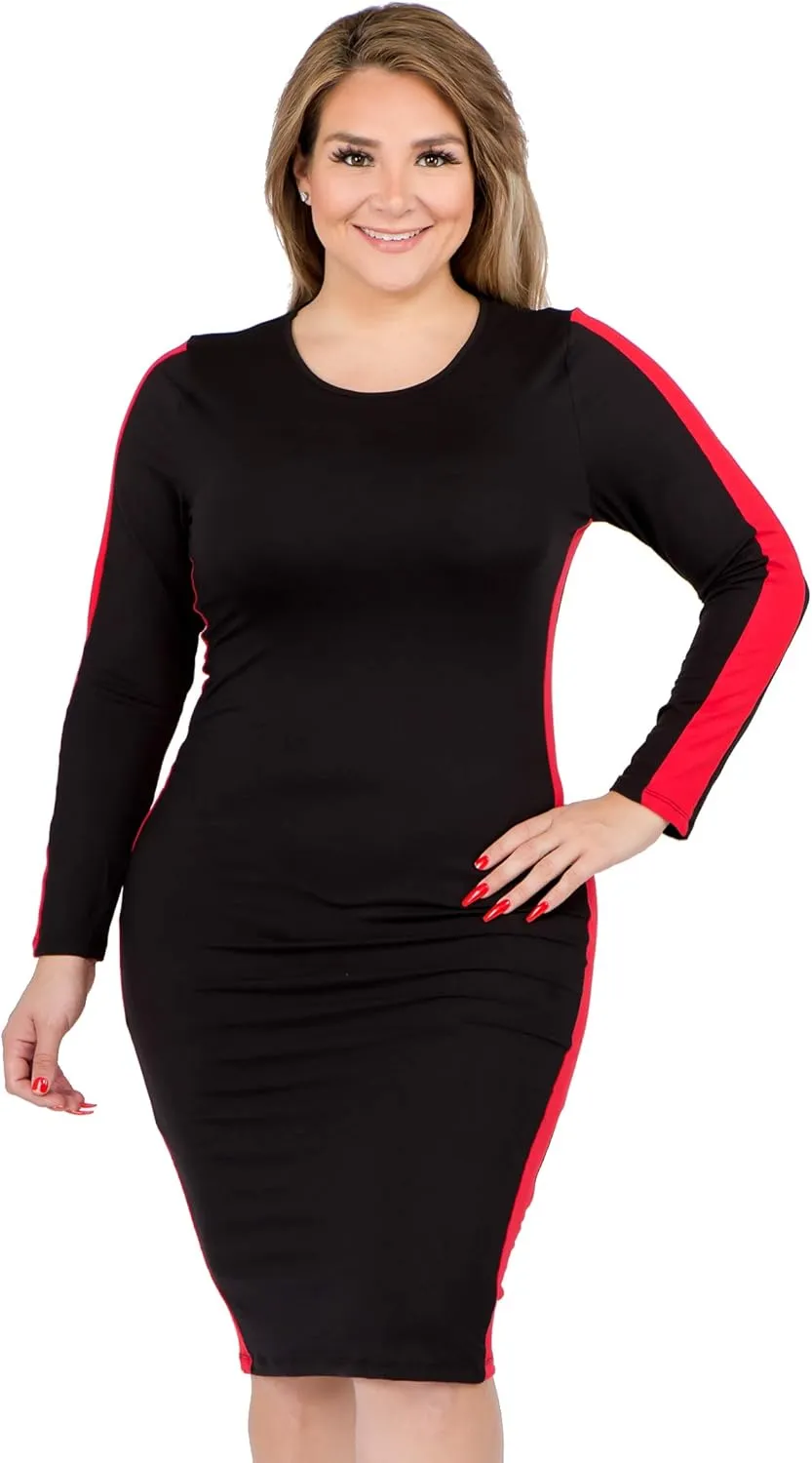 ICONOFLASH Women's 3/4 Sleeves Midi Bodycon Dress Crew Neck Fitted Dresses with Plus Size Options