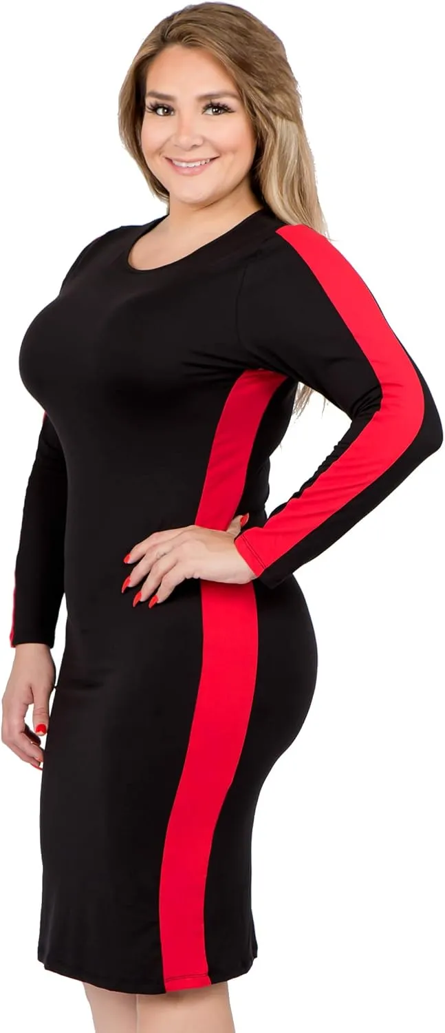 ICONOFLASH Women's 3/4 Sleeves Midi Bodycon Dress Crew Neck Fitted Dresses with Plus Size Options