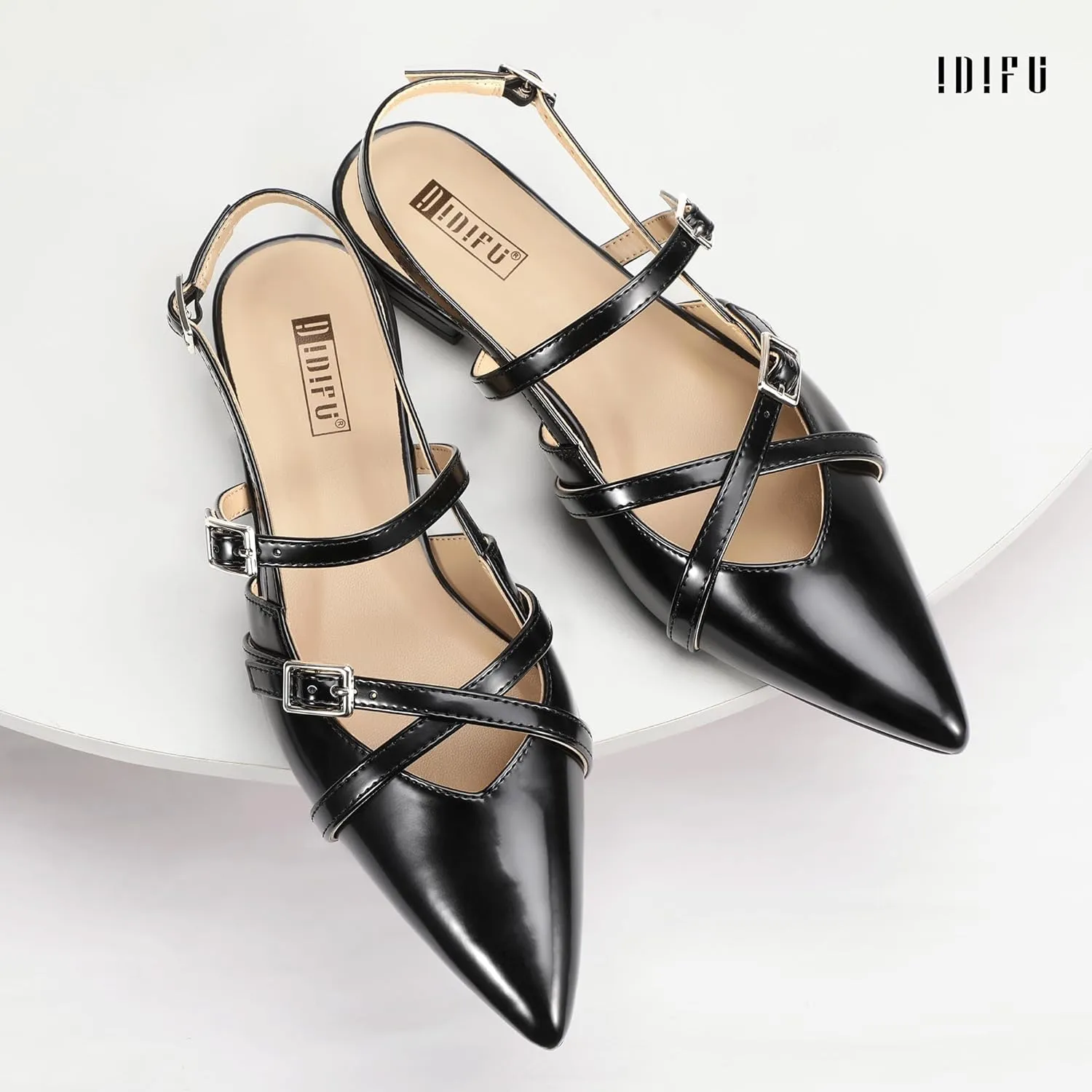 IDIFU Slingback Flats for Women Closed Pointed Toe Strappy Buckle Dress Shoes Wedding Prom Bridal Work Office Casual Formal Ladies Flats Comfortable Fashion Trendy Dressy Crisscross Flat Shoes