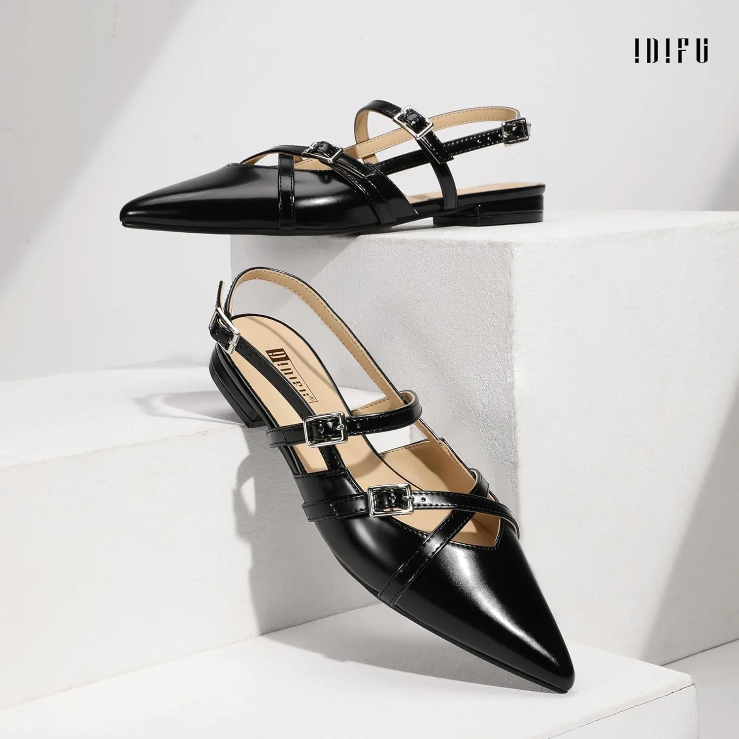 IDIFU Slingback Flats for Women Closed Pointed Toe Strappy Buckle Dress Shoes Wedding Prom Bridal Work Office Casual Formal Ladies Flats Comfortable Fashion Trendy Dressy Crisscross Flat Shoes