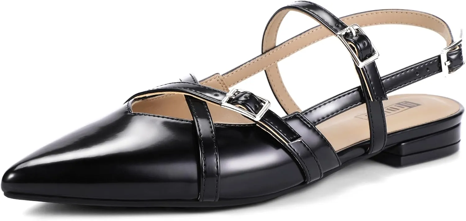 IDIFU Slingback Flats for Women Closed Pointed Toe Strappy Buckle Dress Shoes Wedding Prom Bridal Work Office Casual Formal Ladies Flats Comfortable Fashion Trendy Dressy Crisscross Flat Shoes