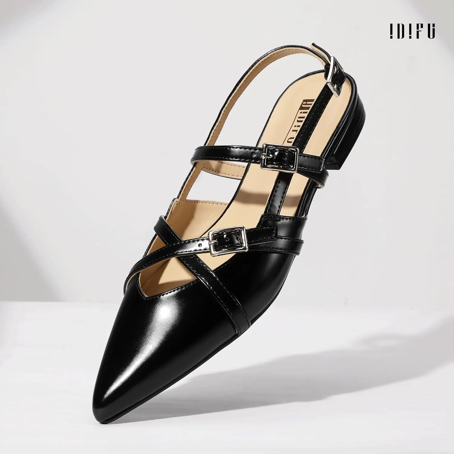IDIFU Slingback Flats for Women Closed Pointed Toe Strappy Buckle Dress Shoes Wedding Prom Bridal Work Office Casual Formal Ladies Flats Comfortable Fashion Trendy Dressy Crisscross Flat Shoes