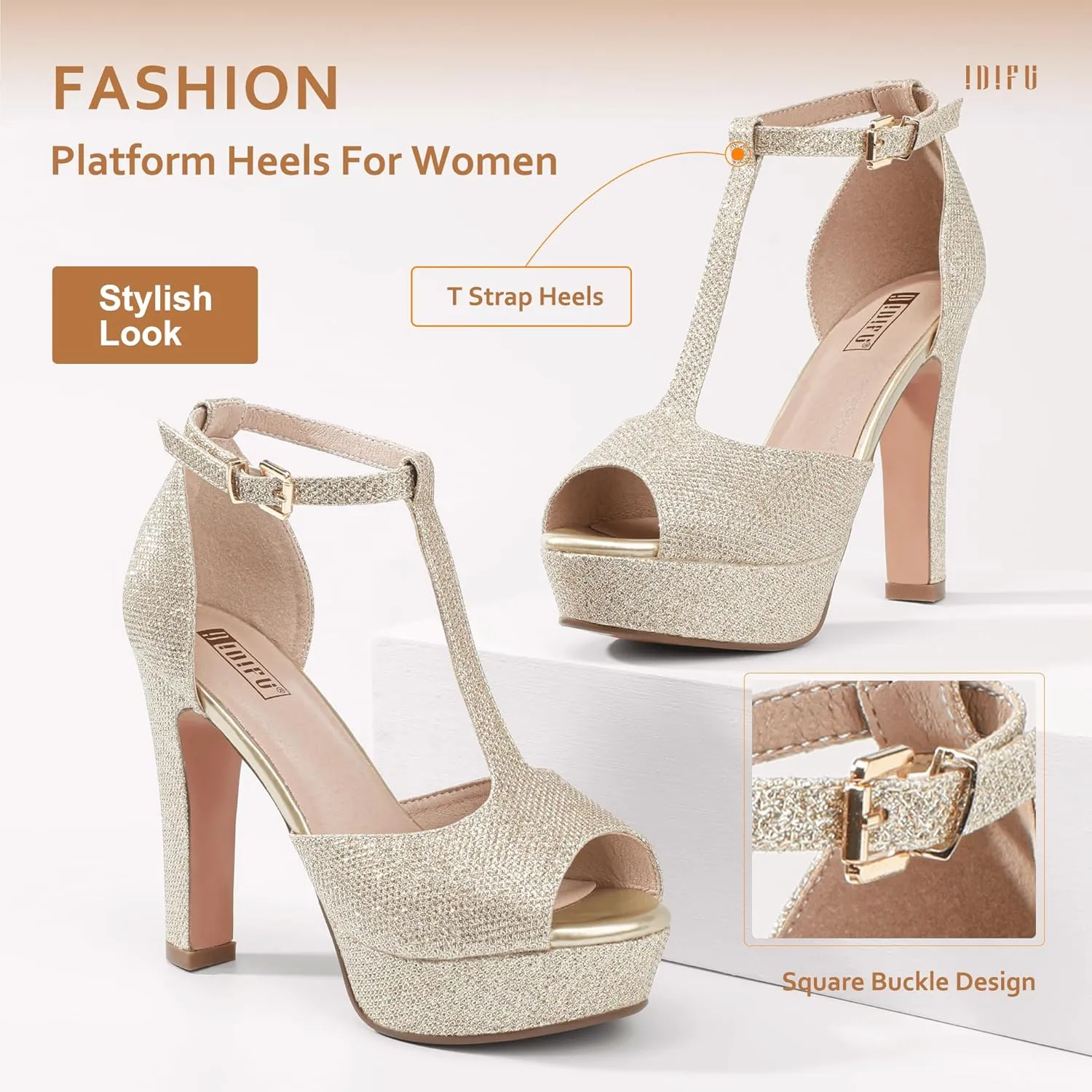 IDIFU Women's IN5 Polly Platform Chunky High Heels T-Strap Sexy Sandals Peep Toe Wedding Party Prom Dress Shoes for Women Bride