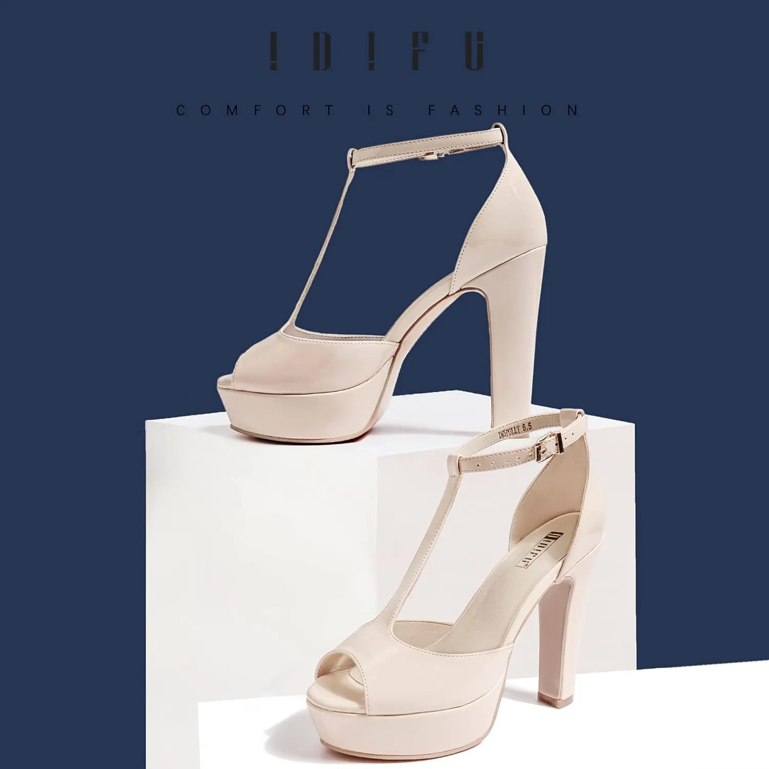 IDIFU Women's IN5 Polly Platform Chunky High Heels T-Strap Sexy Sandals Peep Toe Wedding Party Prom Dress Shoes for Women Bride