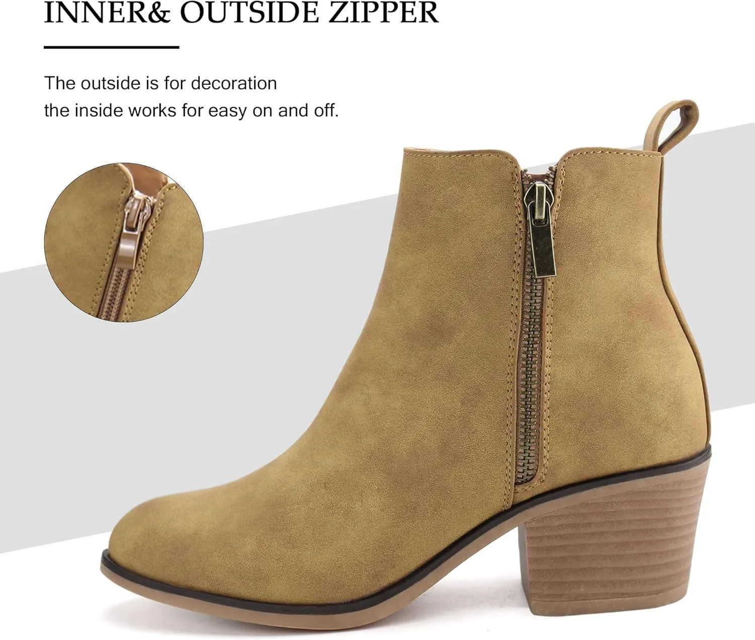 JABASIC Women Ankle Boots Side Zipper Booties Low Heel Dress Boots