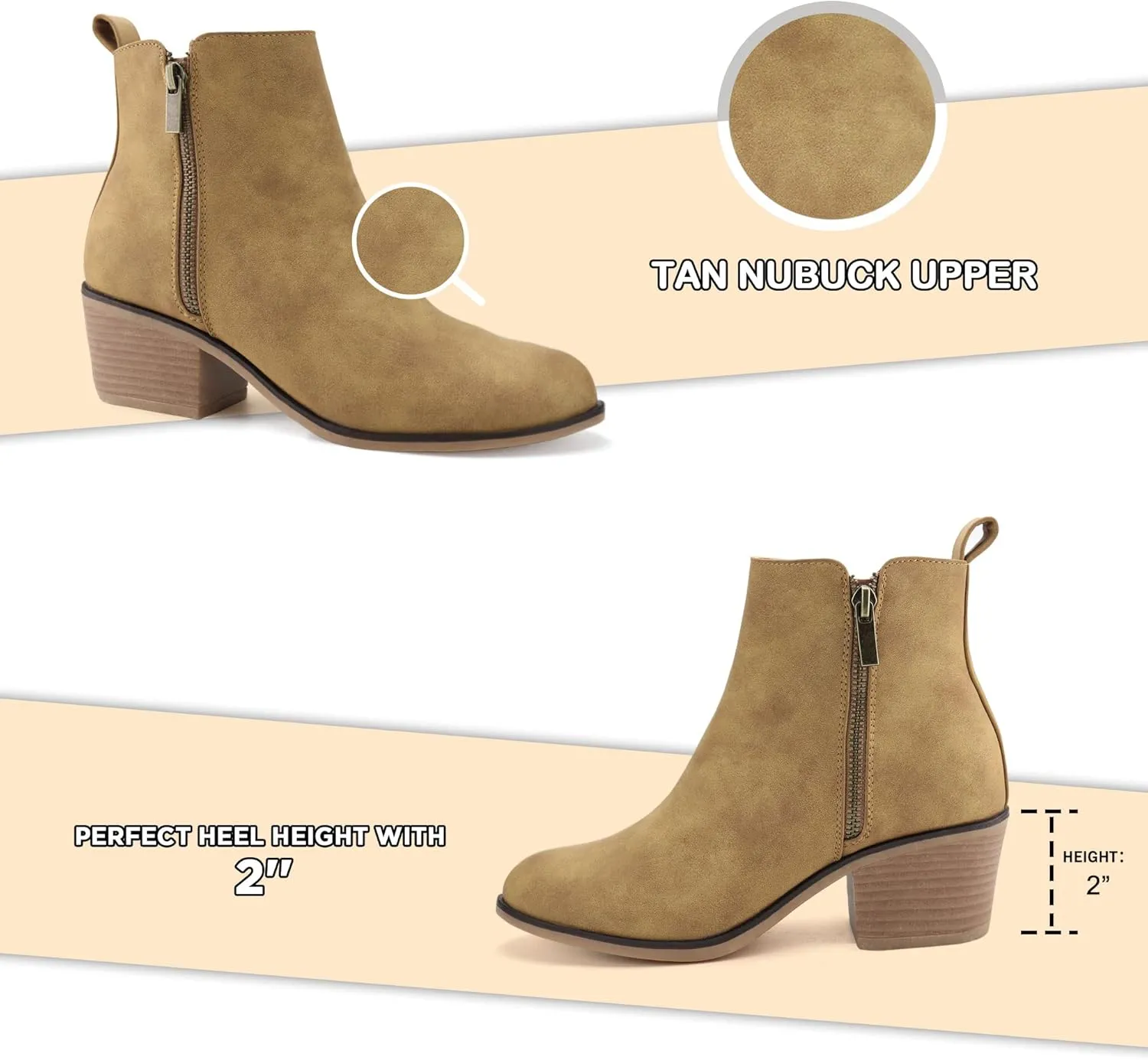 JABASIC Women Ankle Boots Side Zipper Booties Low Heel Dress Boots
