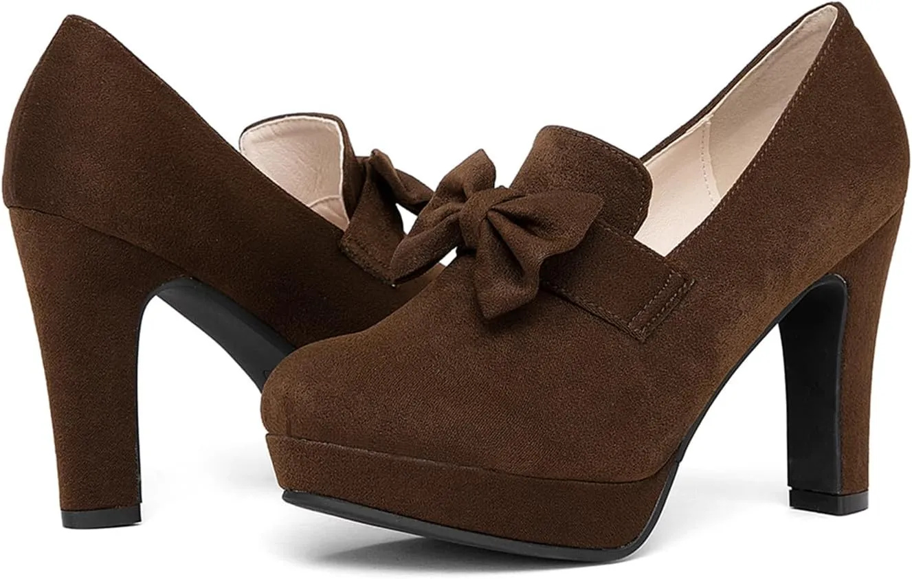 Jeesay Women's Bow Chunky Heels Mary Jane Pumps Closed Toe Platform High Heel Sandals Dress Shoes