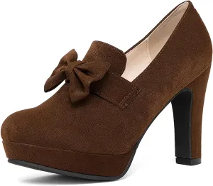 Jeesay Women's Bow Chunky Heels Mary Jane Pumps Closed Toe Platform High Heel Sandals Dress Shoes