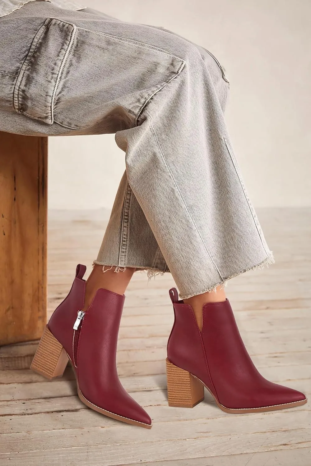 Juliet Holy Women's V Cut Ankle Boots Pointed Toe Stacked Chunky Heel Side Zipper Leather Cutout Western Booties